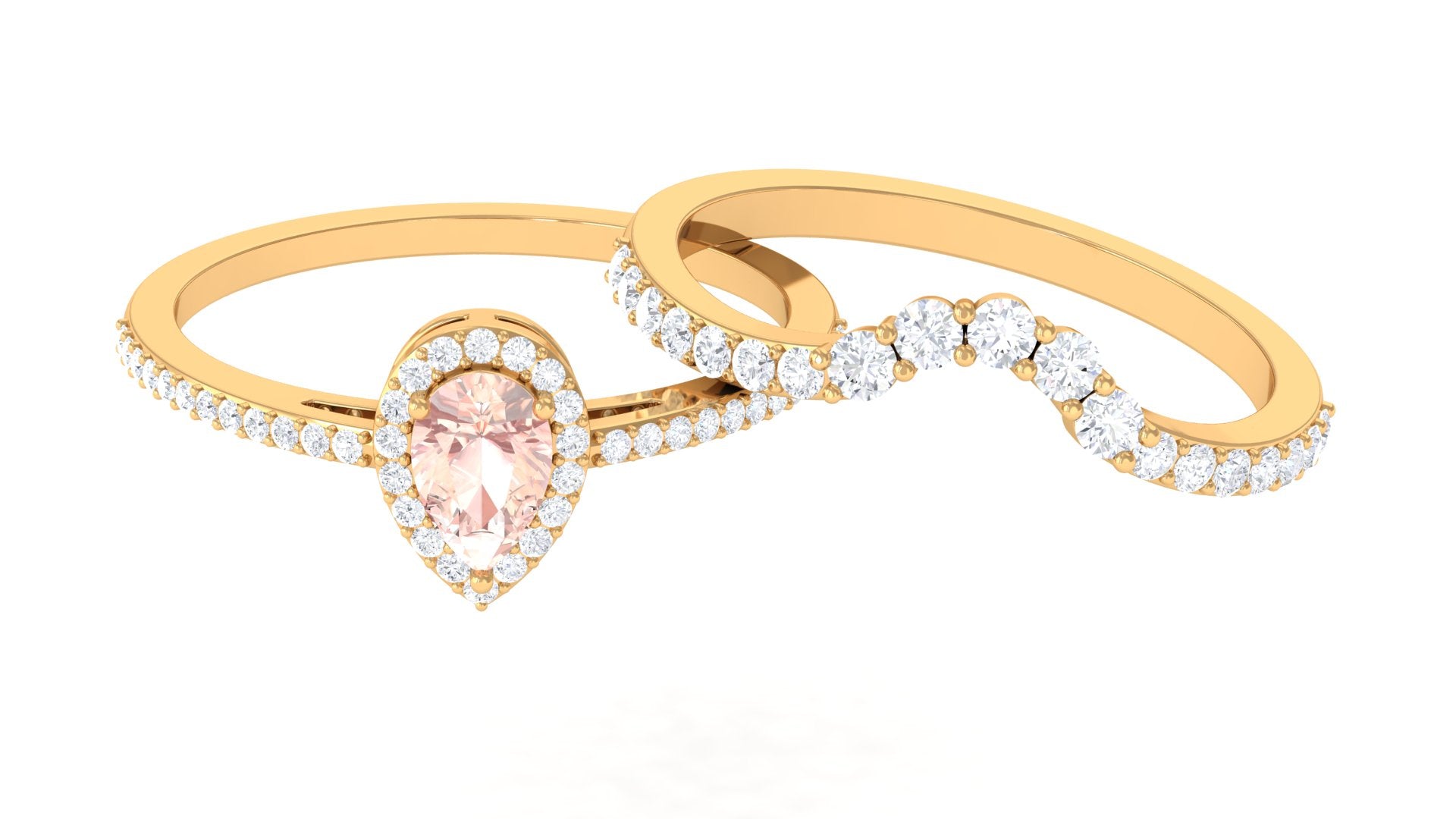 Morganite Designer Teardrop Ring Set with Diamond Halo Morganite - ( AAA ) - Quality - Rosec Jewels