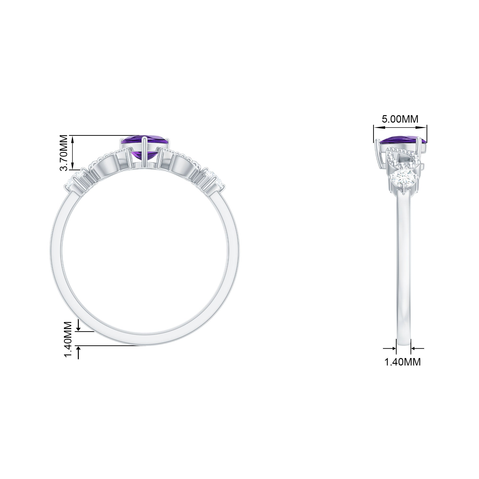 Real Amethyst Heart Promise Ring with Diamond Amethyst - ( AAA ) - Quality - Rosec Jewels