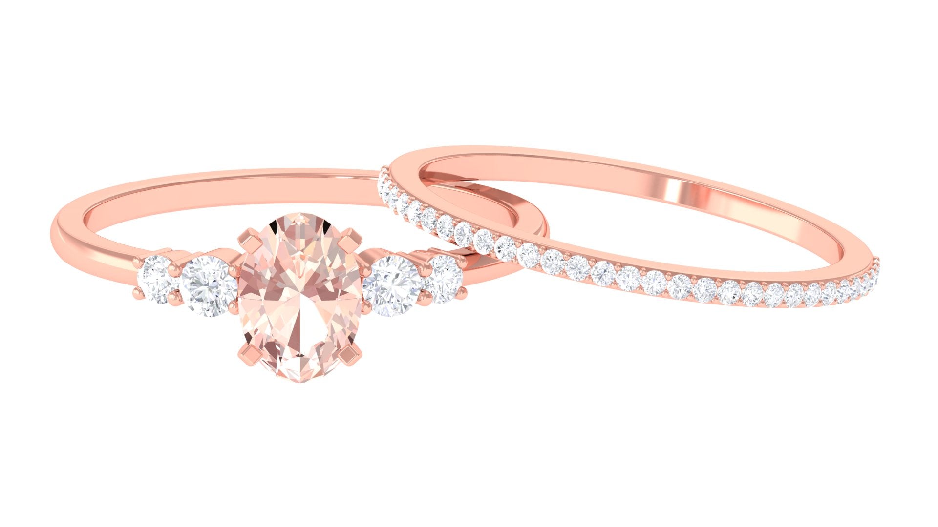 Oval Morganite Solitaire Ring Set with Diamond Morganite - ( AAA ) - Quality - Rosec Jewels