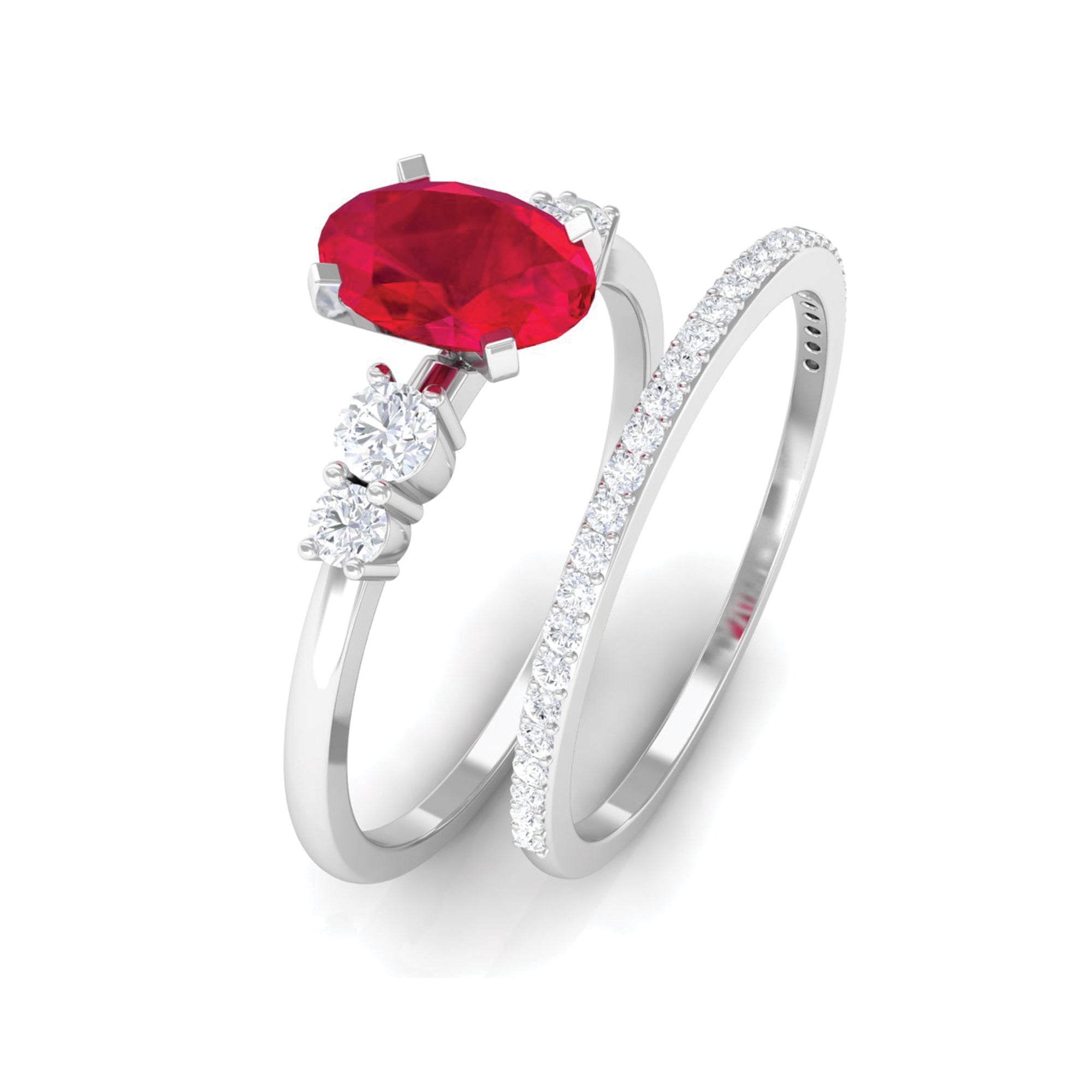 2 CT Oval Created Ruby Solitaire Ring Set with Diamond Lab Created Ruby - ( AAAA ) - Quality - Rosec Jewels