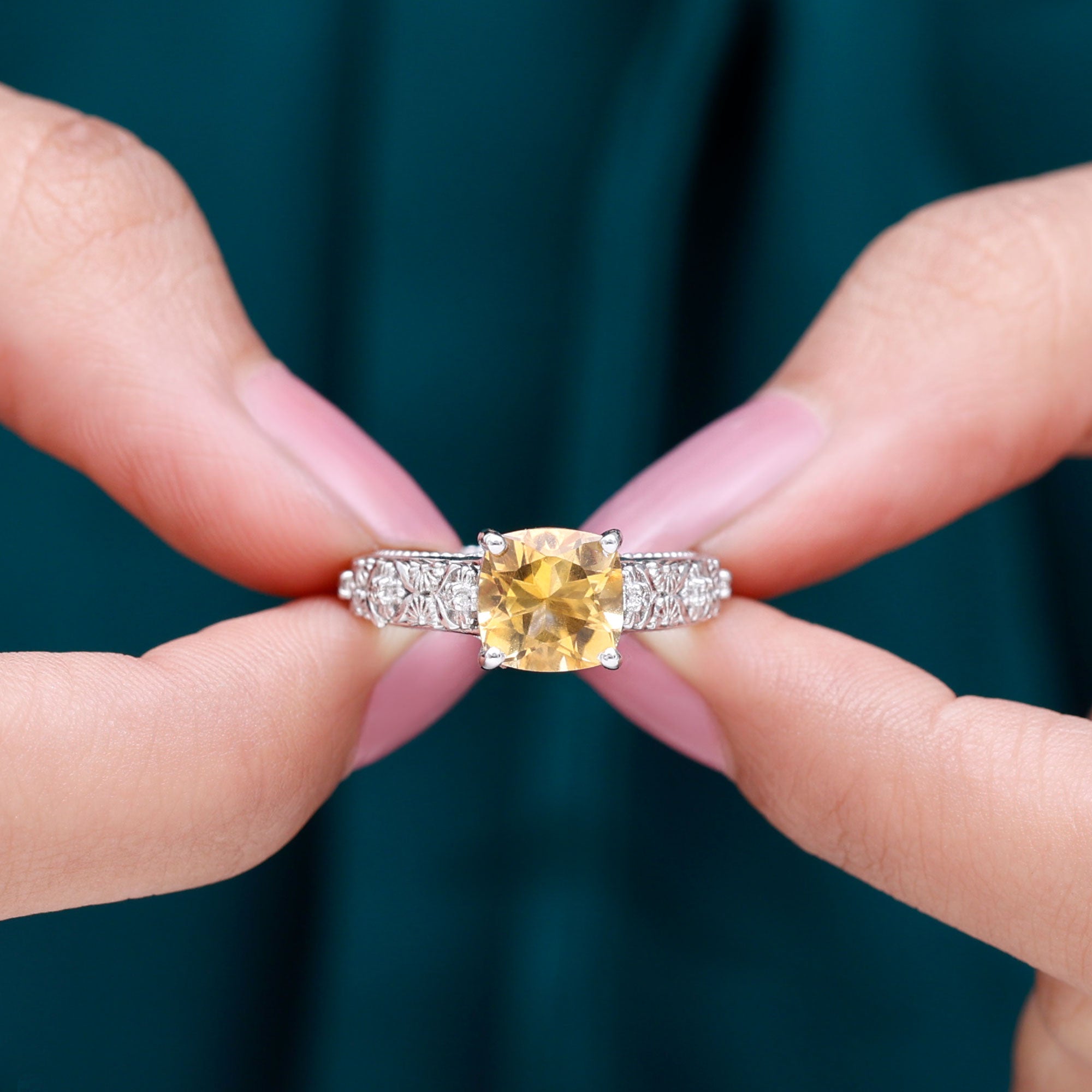 Vintage Inspired Cushion Cut Citrine Solitaire Ring with Diamond Citrine - ( AAA ) - Quality - Rosec Jewels