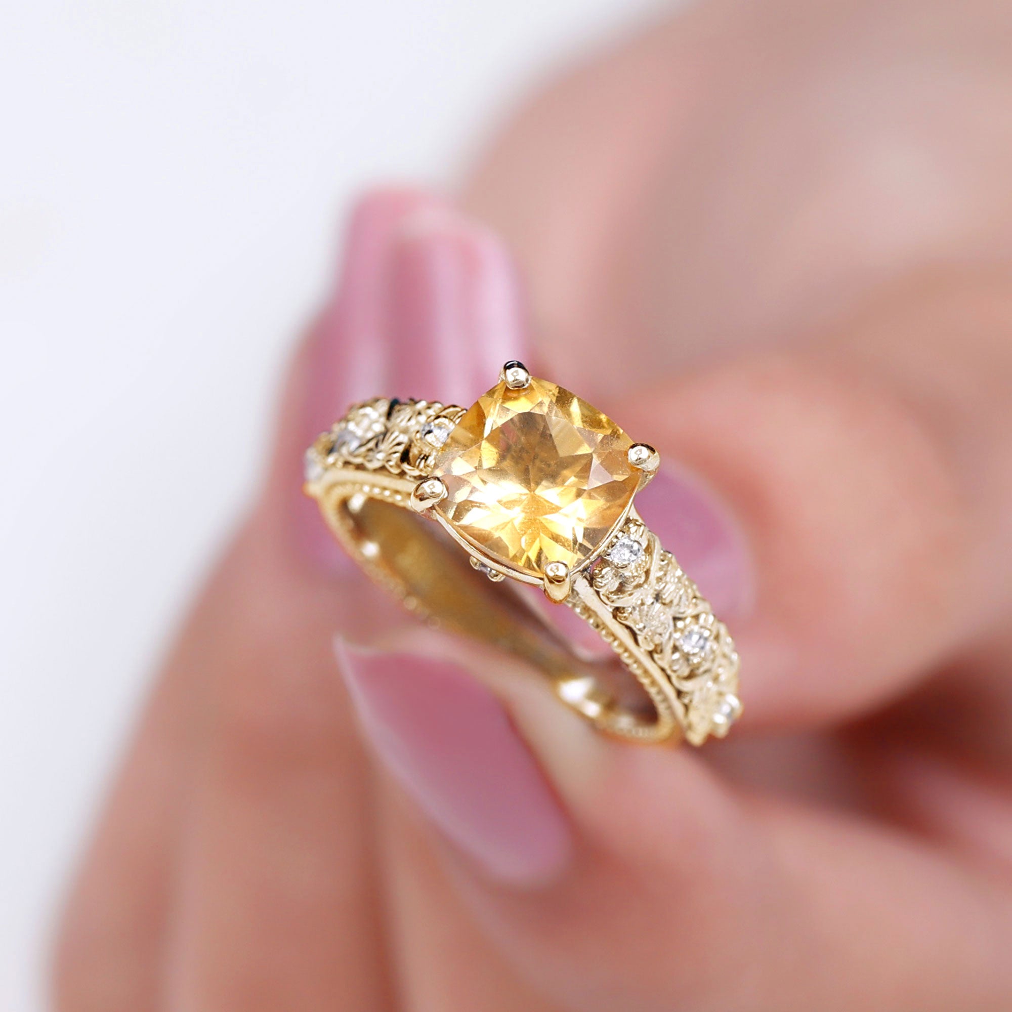 Vintage Inspired Cushion Cut Citrine Solitaire Ring with Diamond Citrine - ( AAA ) - Quality - Rosec Jewels