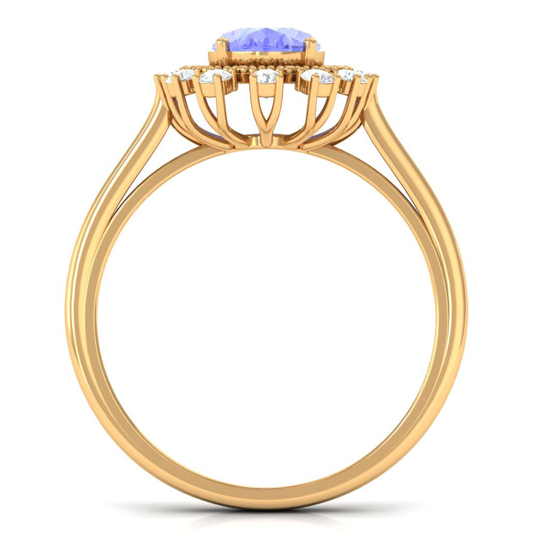 Vintage Inspired Oval Tanzanite and Diamond Halo Ring Tanzanite - ( AAA ) - Quality - Rosec Jewels