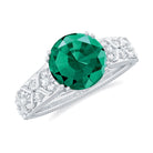 Round Created Emerald Floral Engagement Ring with Diamond Lab Created Emerald - ( AAAA ) - Quality - Rosec Jewels