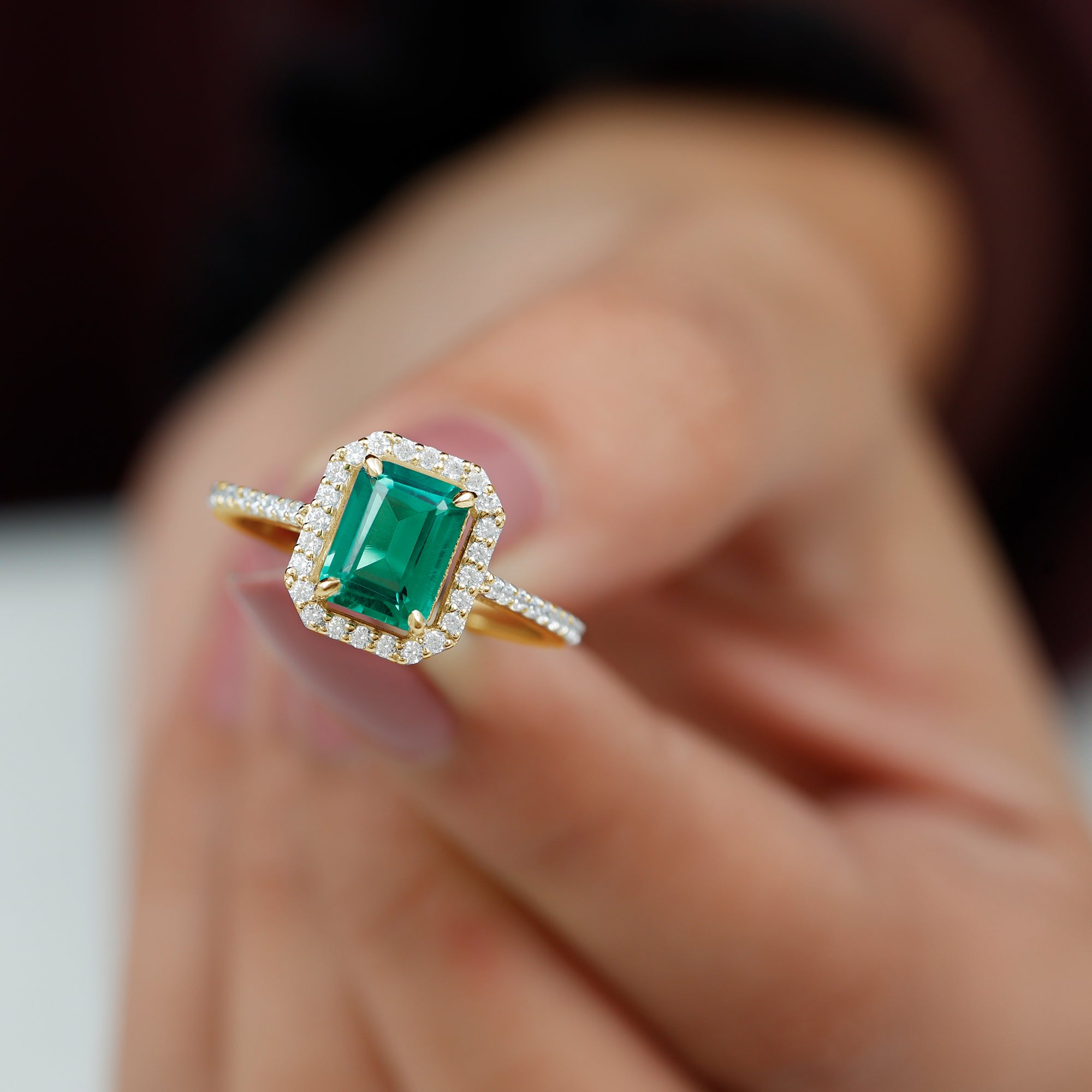 6X8 MM Lab Created Emerald Halo Engagement Ring With Moissanite Lab Created Emerald - ( AAAA ) - Quality - Rosec Jewels