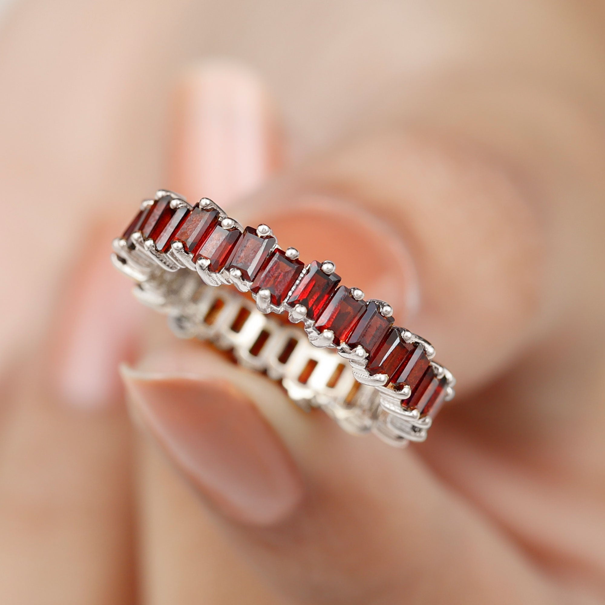 Uneven Baguette Cut Garnet Eternity Ring in 2 Prong Setting Garnet - ( AAA ) - Quality - Rosec Jewels