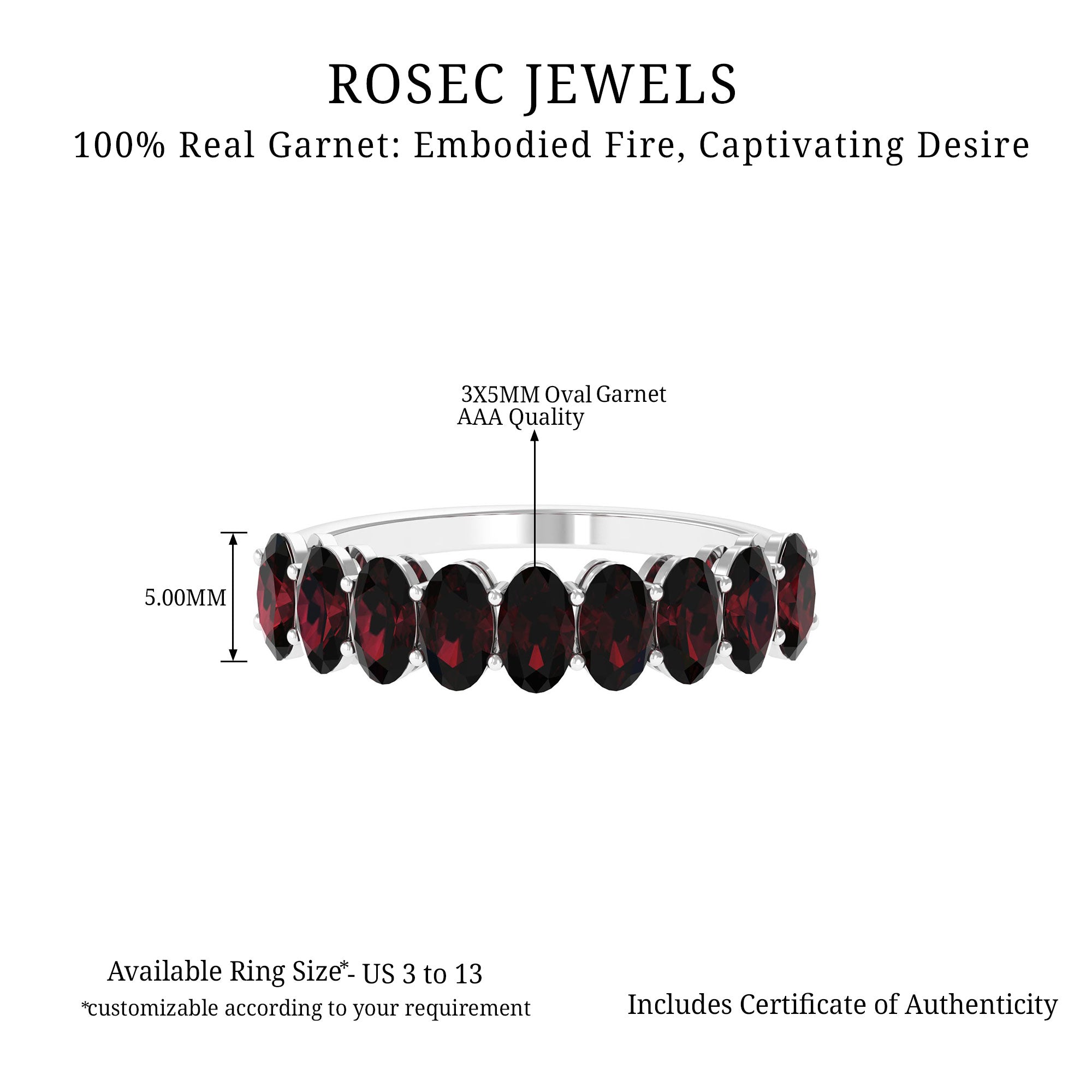 3X5 MM Oval Cut Garnet Half Eternity Ring Garnet - ( AAA ) - Quality - Rosec Jewels