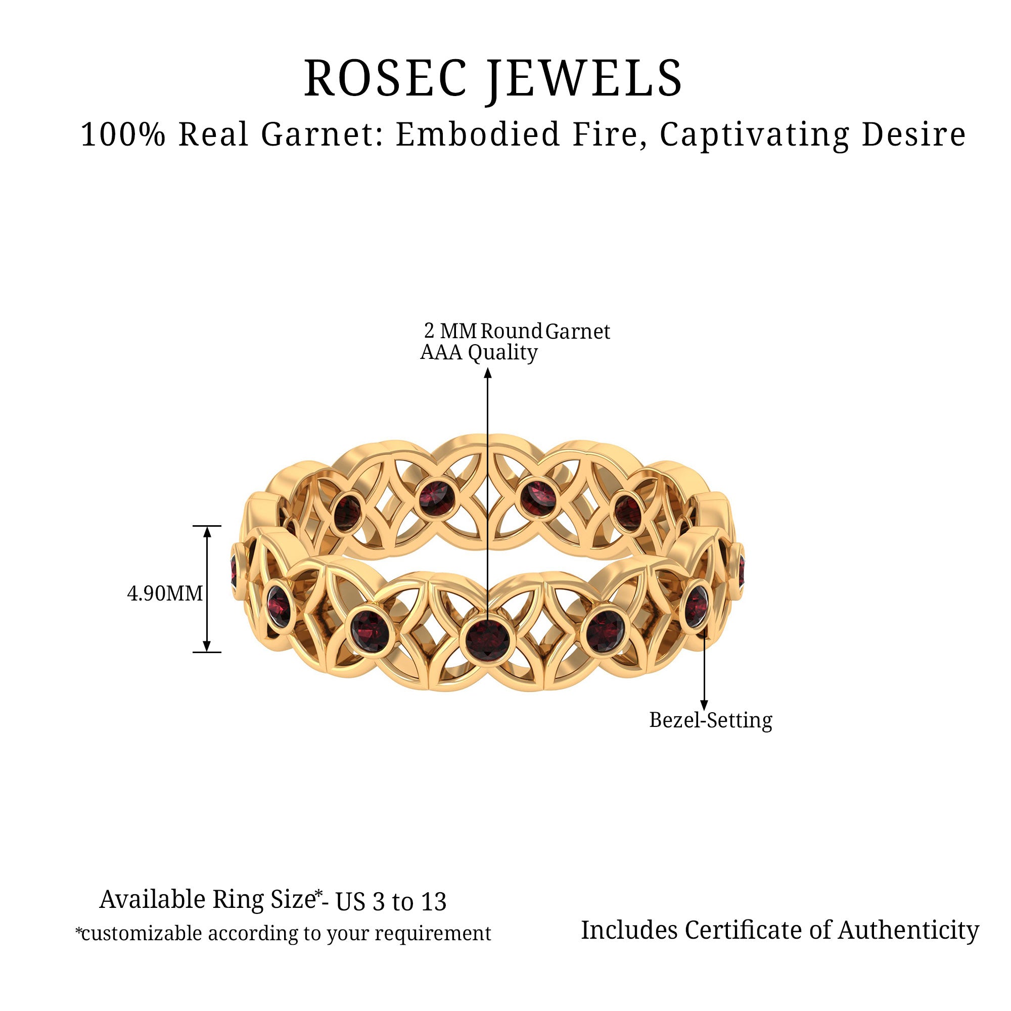 Real Garnet Flower Wedding Band Ring with Cutwork Garnet - ( AAA ) - Quality - Rosec Jewels