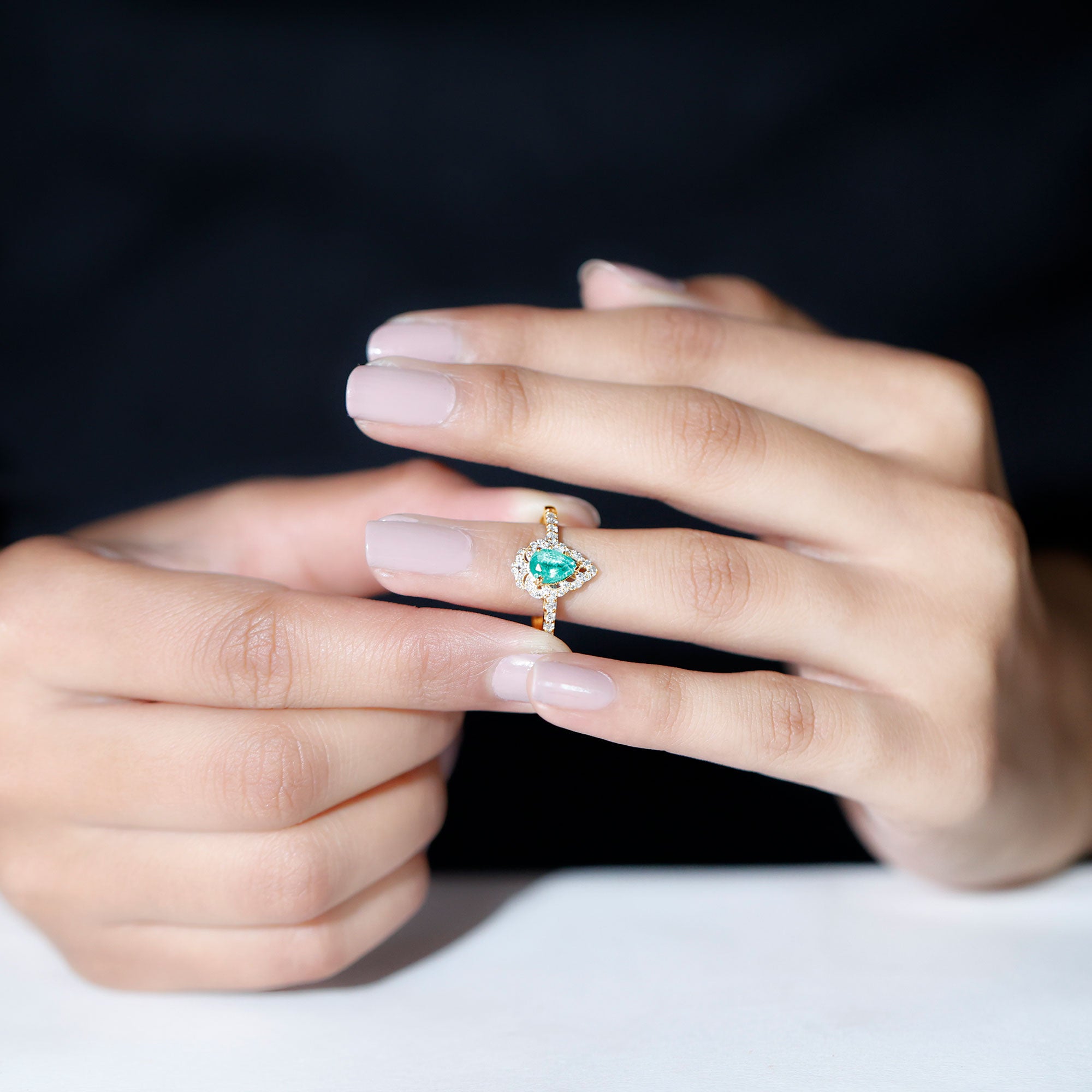 Pear Shaped Emerald Cocktail Ring with Diamond Emerald - ( AAA ) - Quality - Rosec Jewels