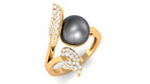 Round Tahitian Pearl and Diamond Leaf Engagement Ring Tahitian pearl - ( AAA ) - Quality - Rosec Jewels