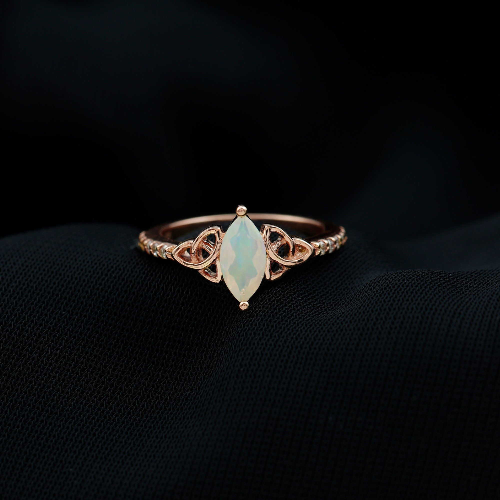 Gold Celtic Knot Solitaire Ring with Marquise Cut Ethiopian Opal and Moissanite Ethiopian Opal - ( AAA ) - Quality - Rosec Jewels