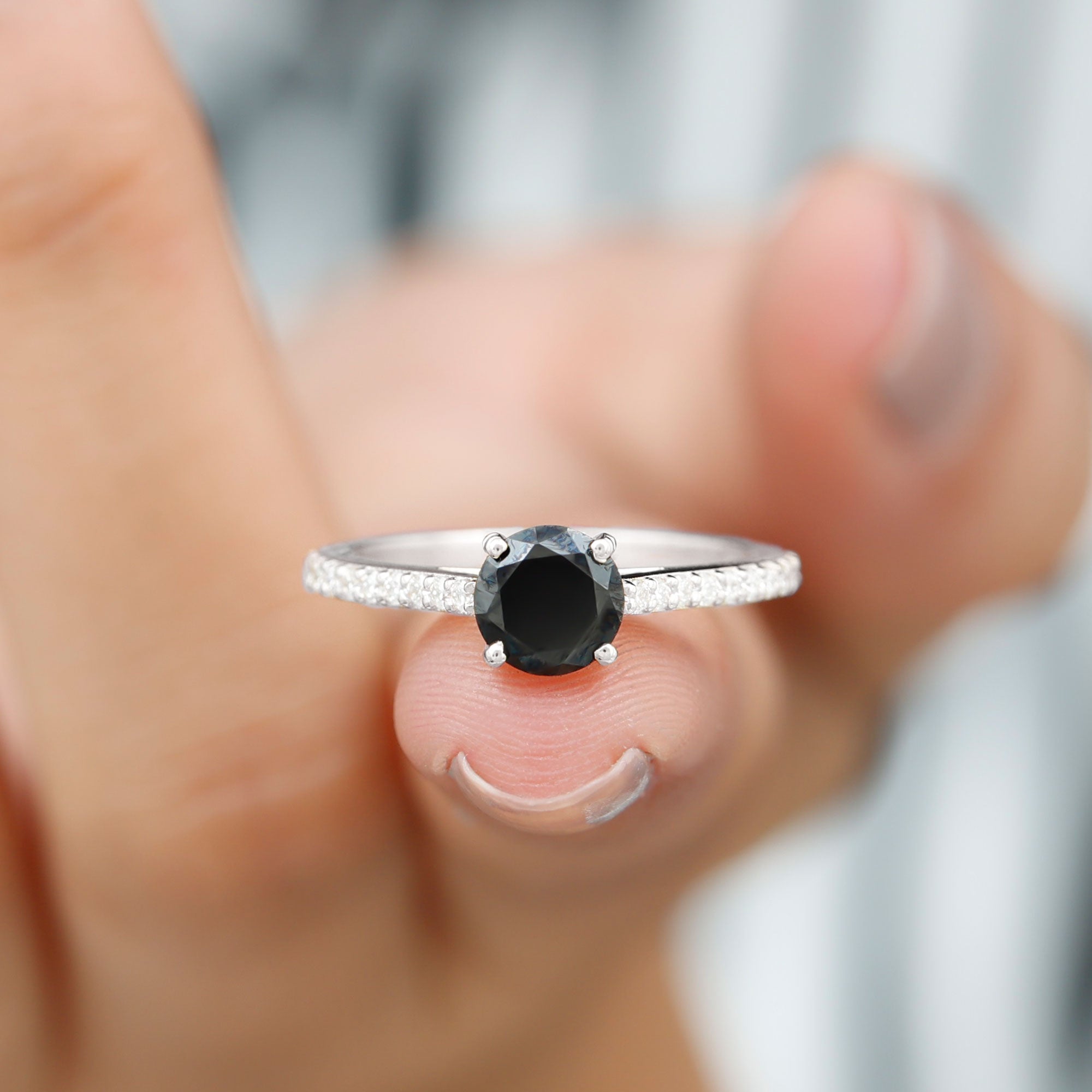 Round Black Onyx Solitaire Engagement Ring with Diamond Black Onyx - ( AAA ) - Quality - Rosec Jewels