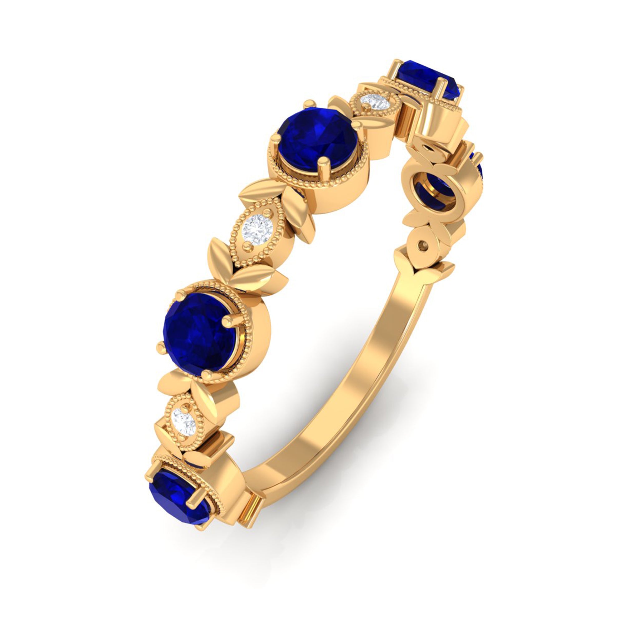 1 CT Floral Inspired Blue Sapphire and Diamond Half Eternity Ring Blue Sapphire - ( AAA ) - Quality - Rosec Jewels