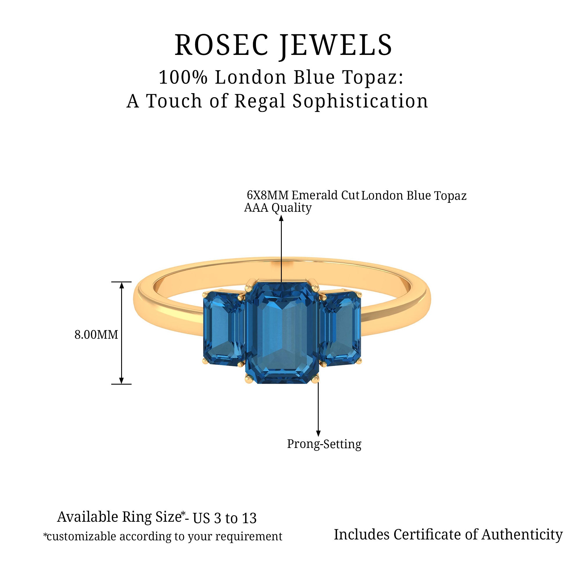 1.75 CT Octagon Cut London Blue Topaz Three Stone Ring London Blue Topaz - ( AAA ) - Quality - Rosec Jewels