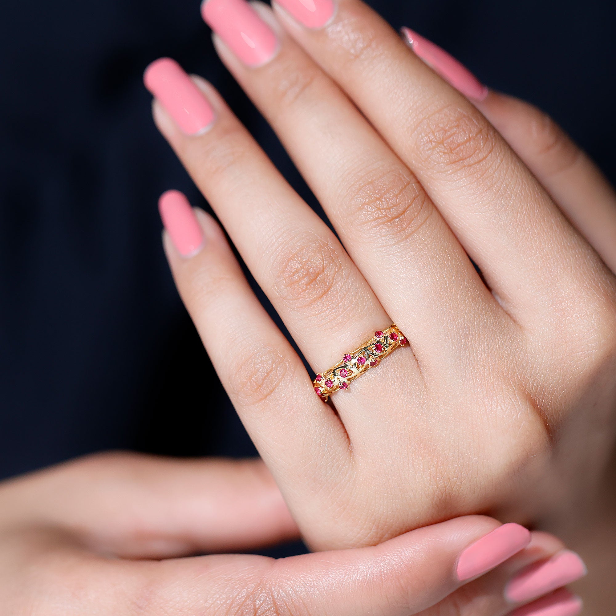 Filigree Detailed Ruby Gold Band Ring in Prong Setting Ruby - ( AAA ) - Quality - Rosec Jewels