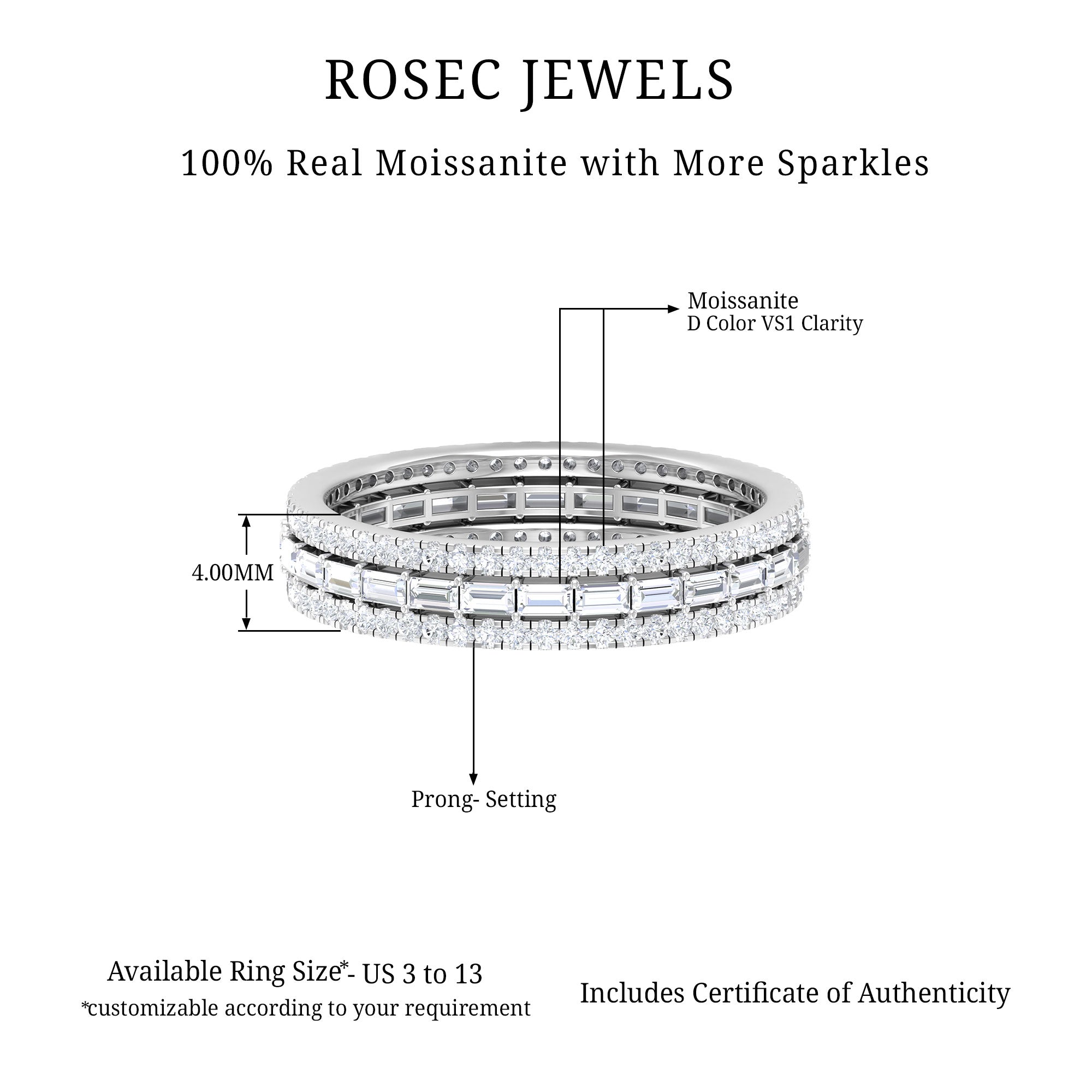 2.25 CT Baguette and Round Cut Moissanite Wedding Band Ring Moissanite - ( D-VS1 ) - Color and Clarity - Rosec Jewels