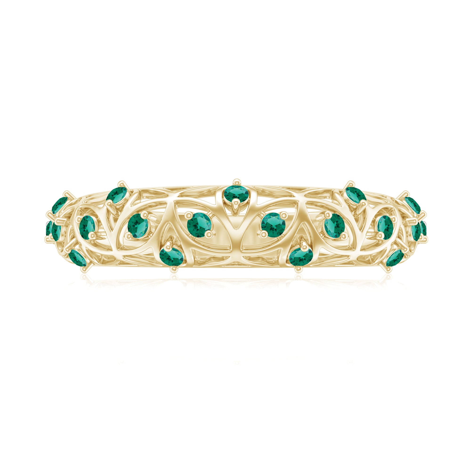 Round Created Emerald Semi Eternity Band Ring with Gold Filigree Details Lab Created Emerald - ( AAAA ) - Quality - Rosec Jewels