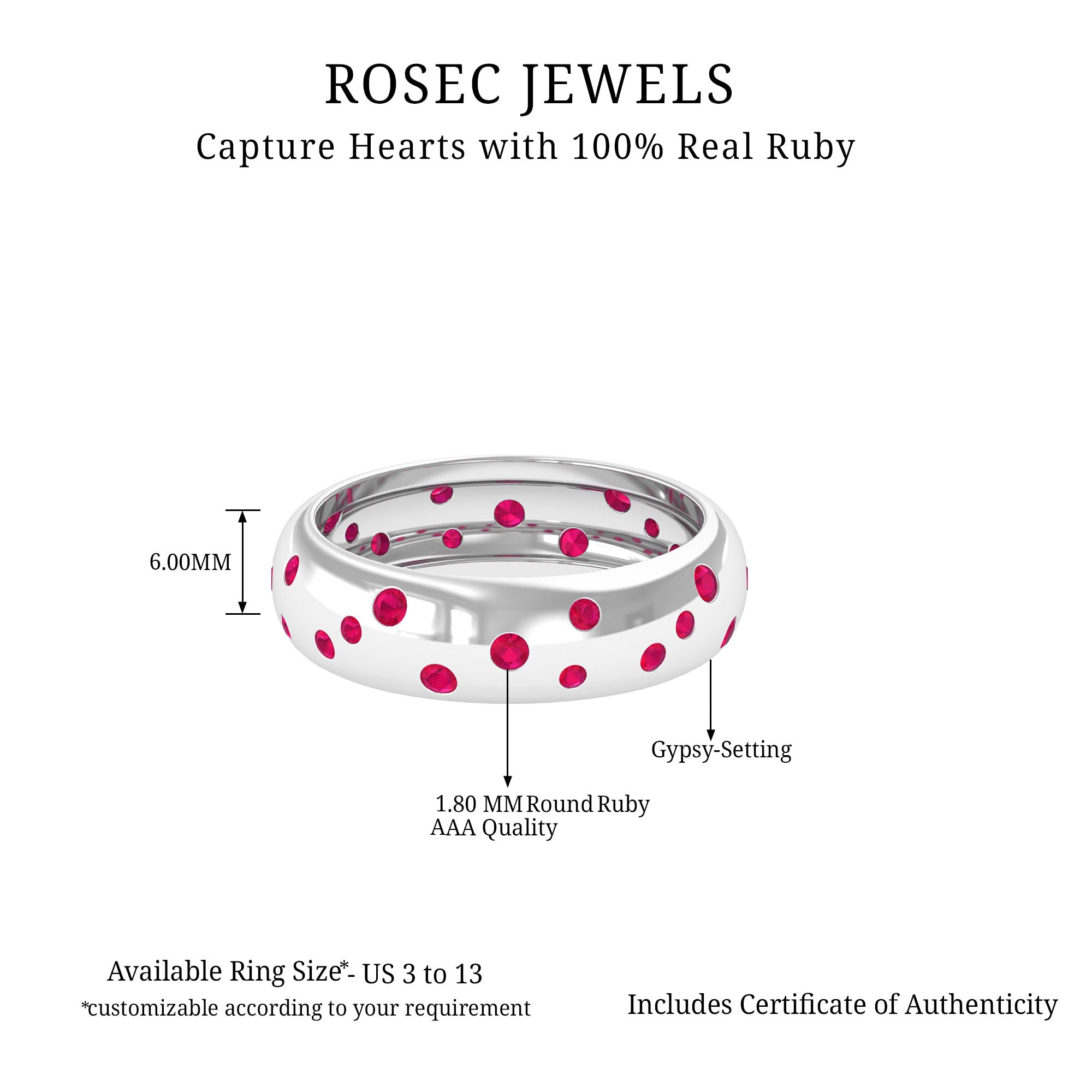 1 CT Scattered Ruby Silver Band Ring Ruby - ( AAA ) - Quality 92.5 Sterling Silver 9.5 - Rosec Jewels