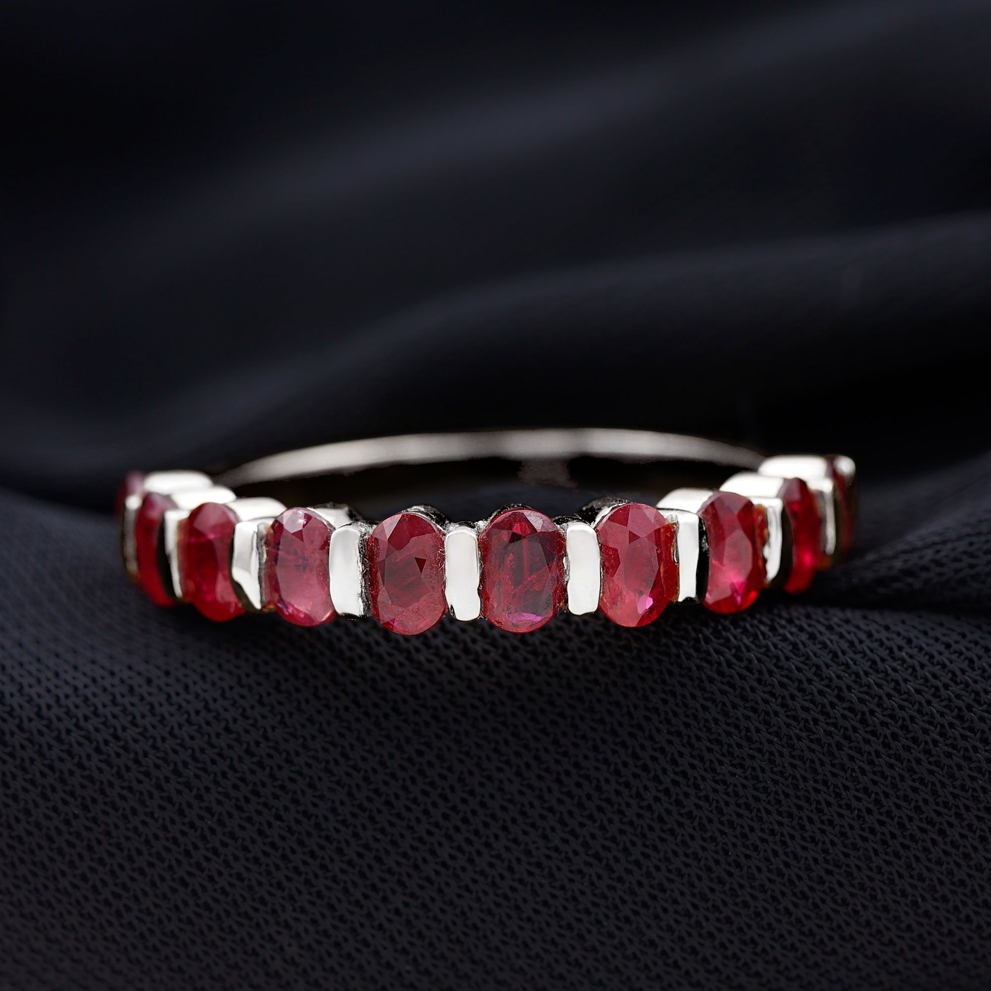 Oval Cut Created Ruby Half Eternity Ring in Bar Setting Lab Created Ruby - ( AAAA ) - Quality - Rosec Jewels