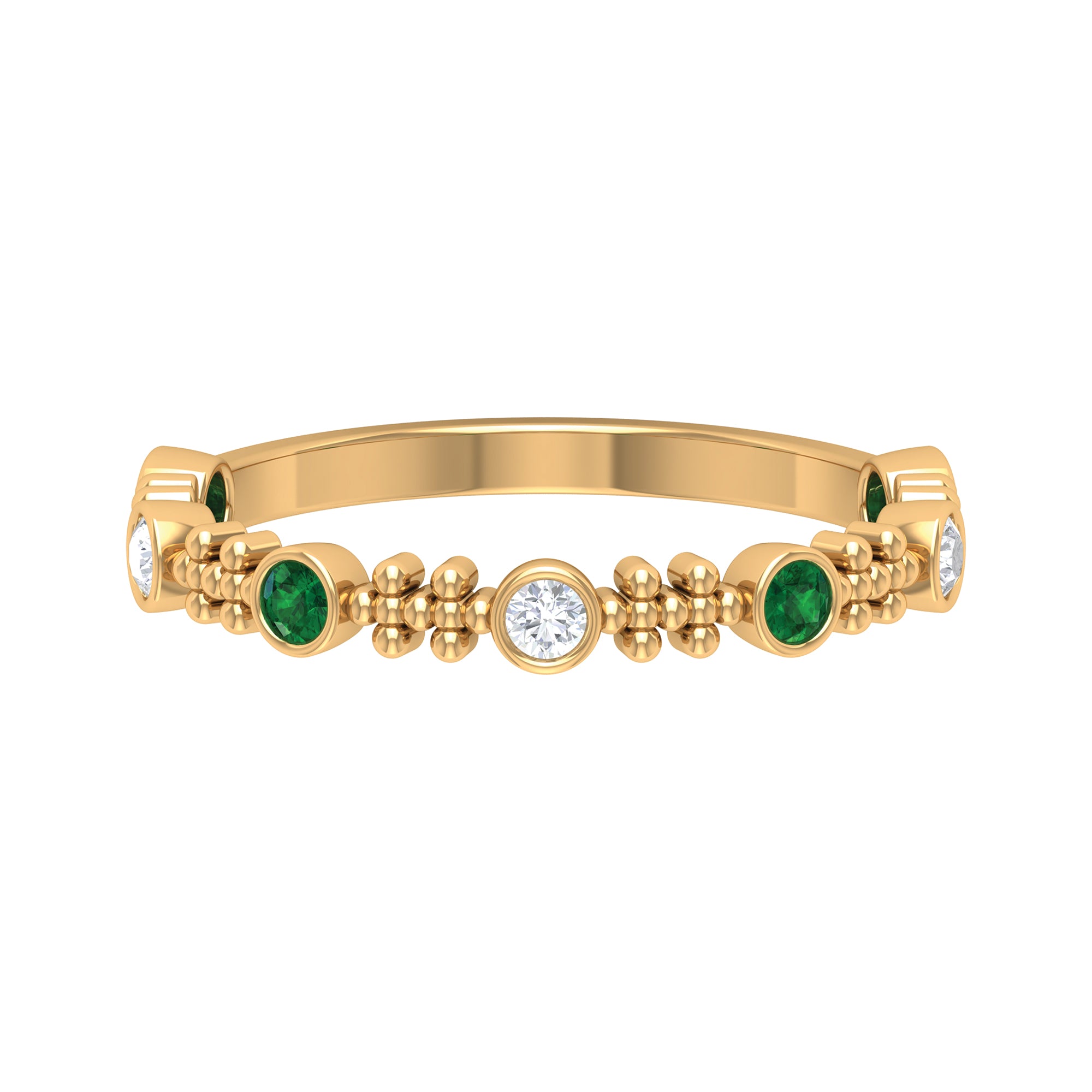 Bezel Set Lab Grown Emerald and Diamond Beaded Stackable Band Ring Lab Created Emerald - ( AAAA ) - Quality - Rosec Jewels