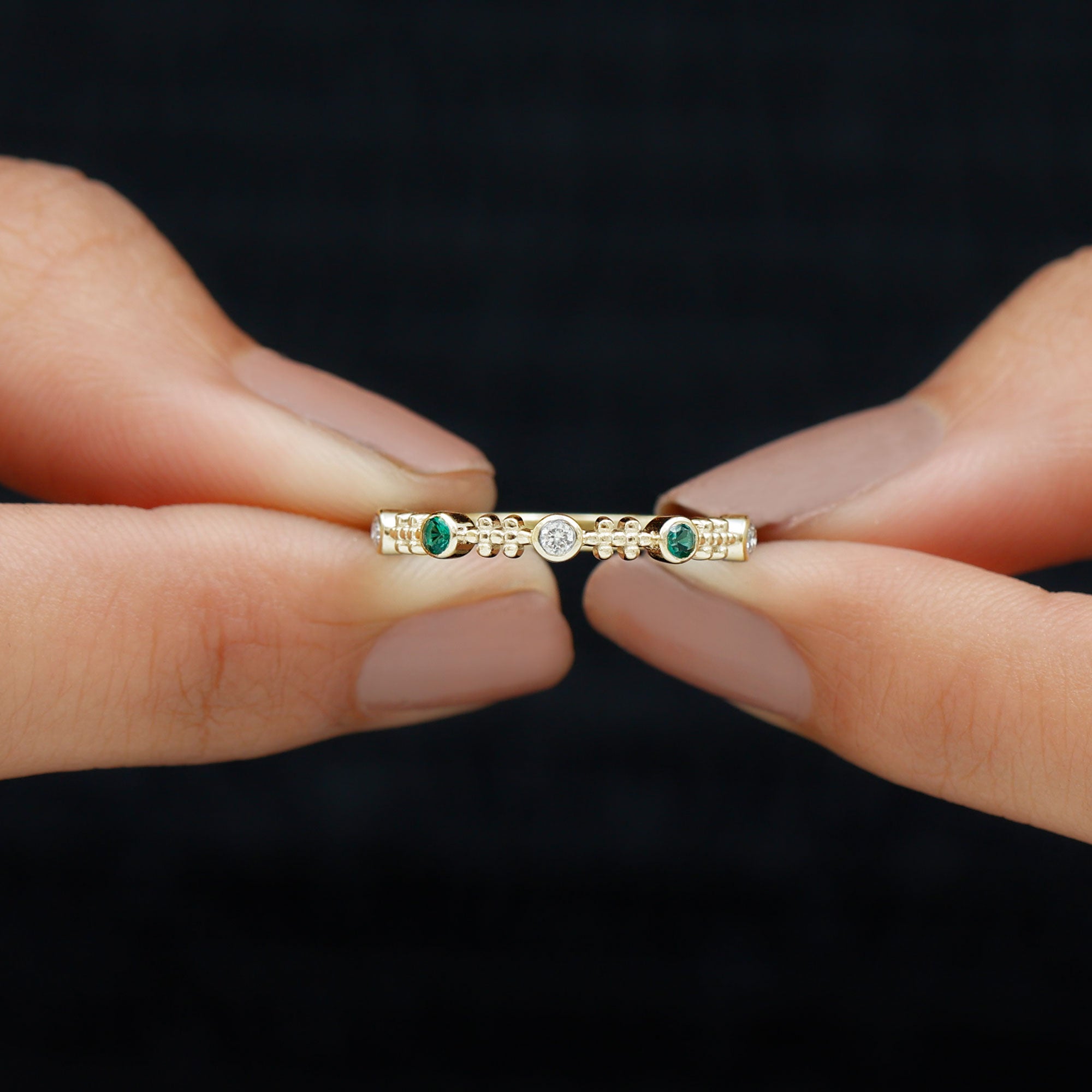 Bezel Set Lab Grown Emerald and Diamond Beaded Stackable Band Ring Lab Created Emerald - ( AAAA ) - Quality - Rosec Jewels