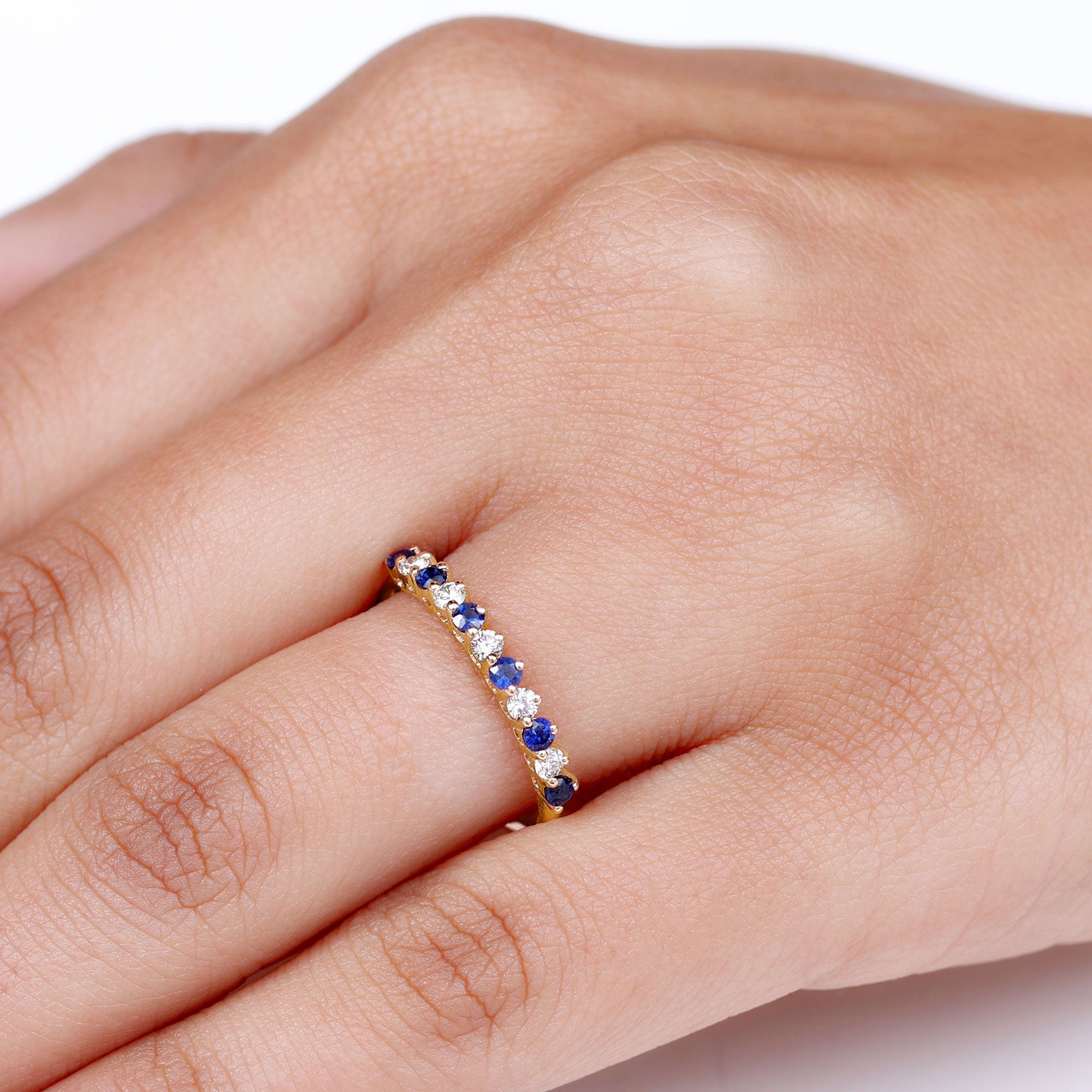 Round Shape Blue Sapphire and Moissanite Stackable Ring Blue Sapphire - ( AAA ) - Quality - Rosec Jewels