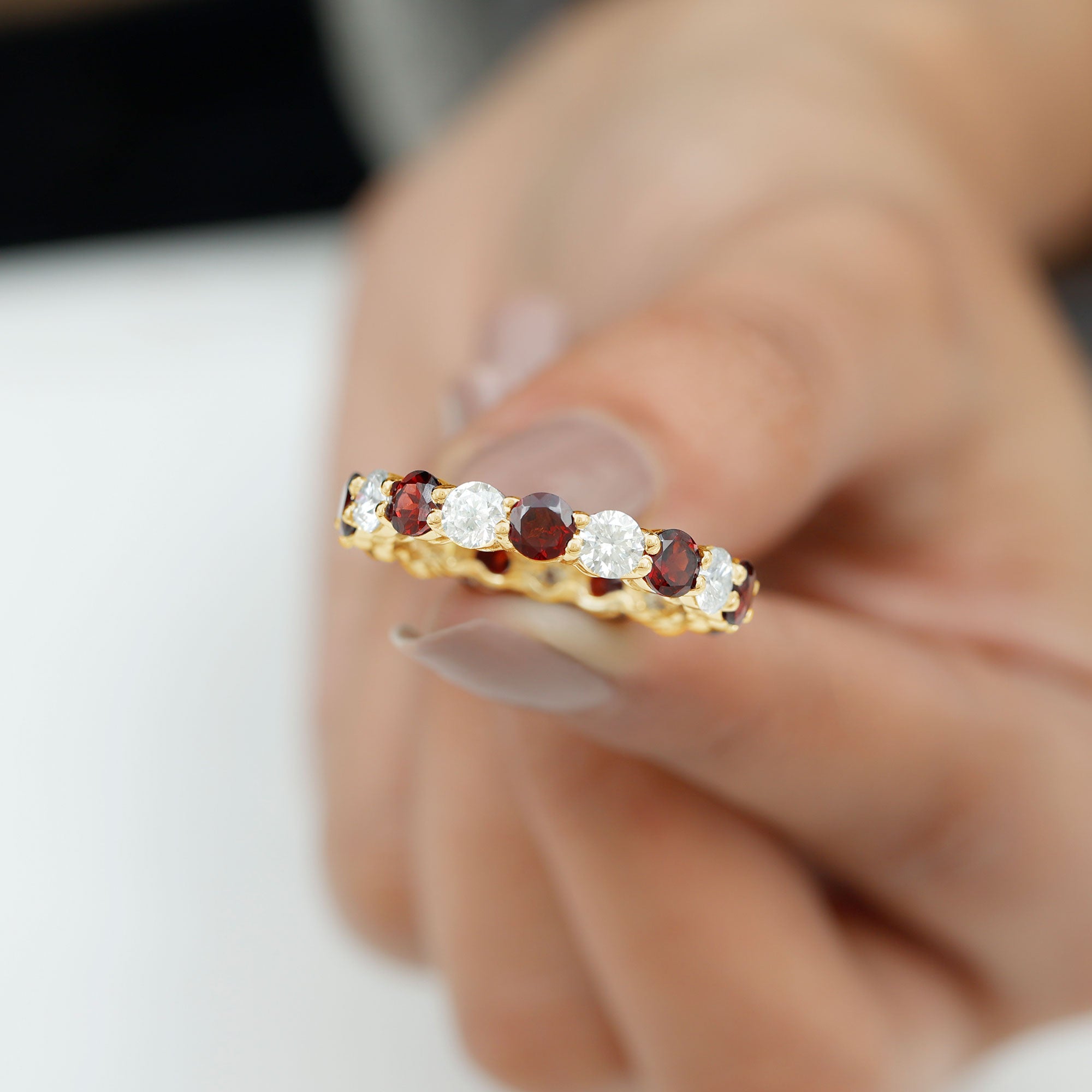 6 CT Round Garnet Gold Eternity Band Ring with Moissanite Garnet - ( AAA ) - Quality - Rosec Jewels