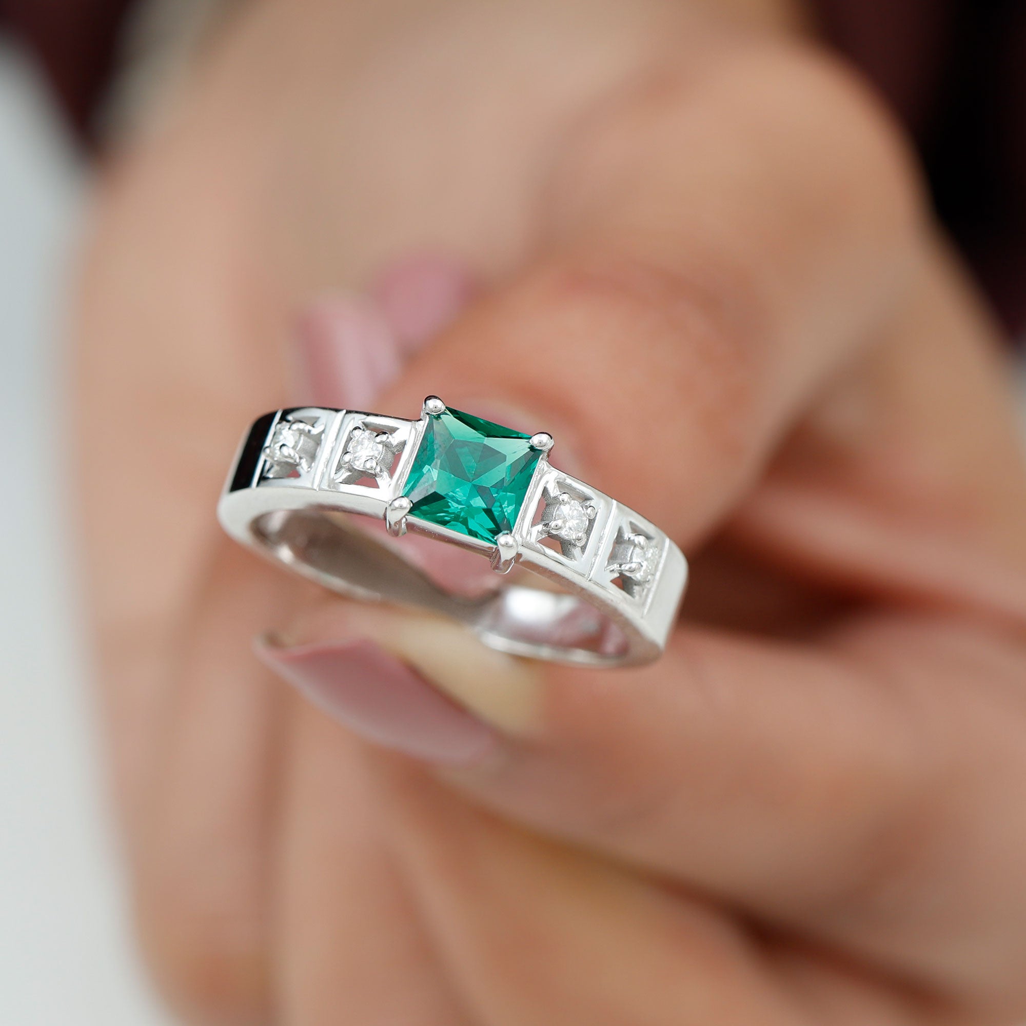 Princess Cut Lab Grown Emerald and Diamond Wedding Band Ring Lab Created Emerald - ( AAAA ) - Quality - Rosec Jewels