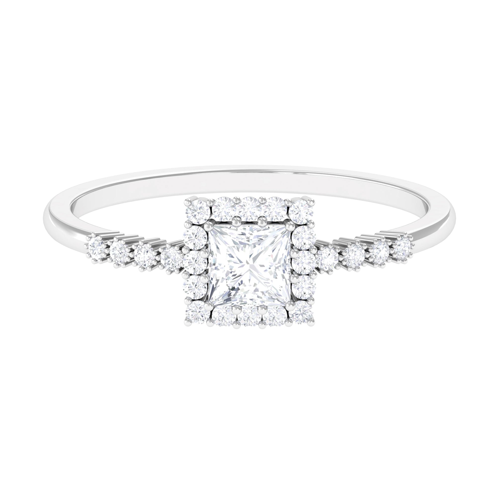 Princess Cut Moissanite Engagement Ring with Halo and Side Stones Moissanite - ( D-VS1 ) - Color and Clarity - Rosec Jewels