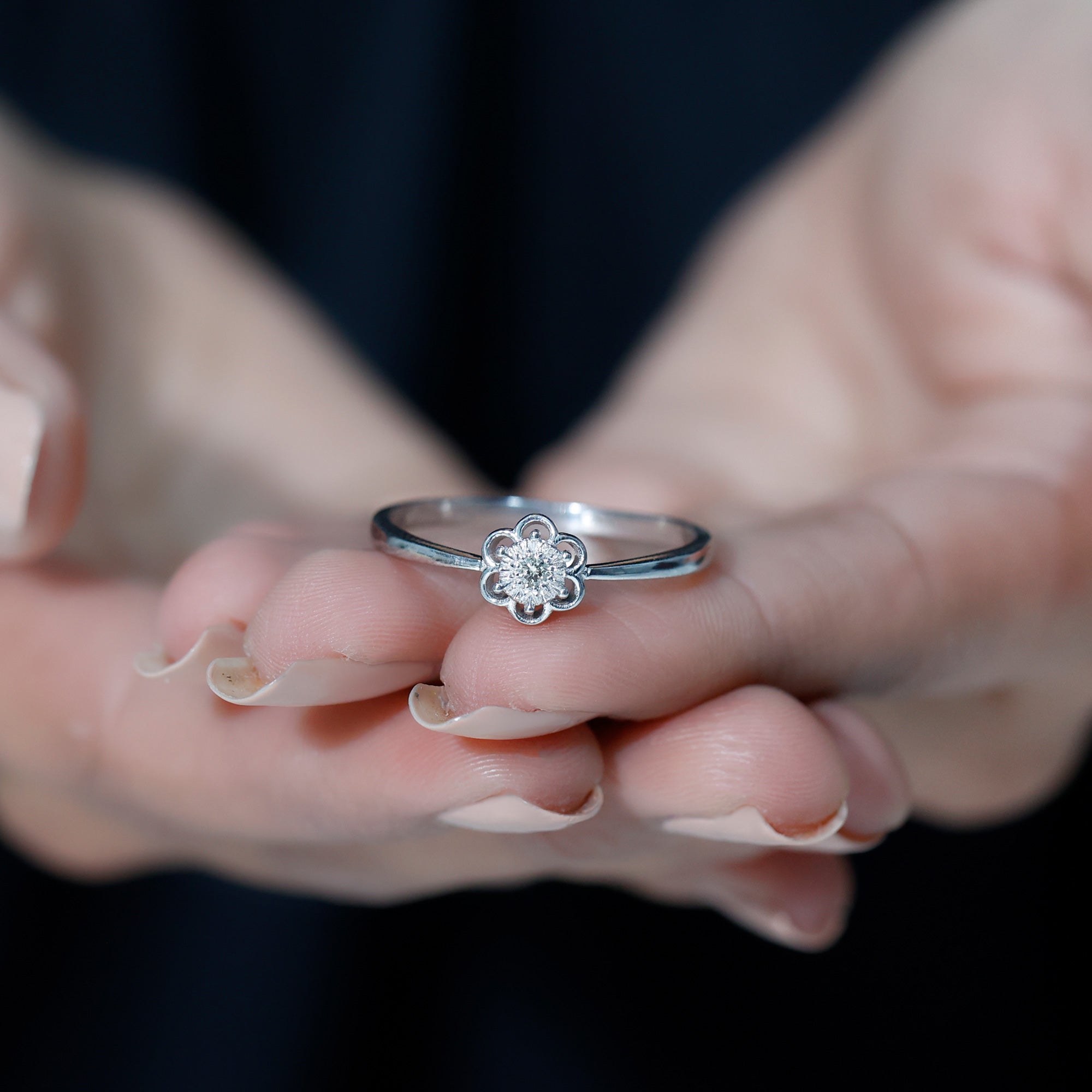 Real Diamond Solitaire Flower Ring with Miracle Plate Diamond - ( HI-SI ) - Color and Clarity - Rosec Jewels