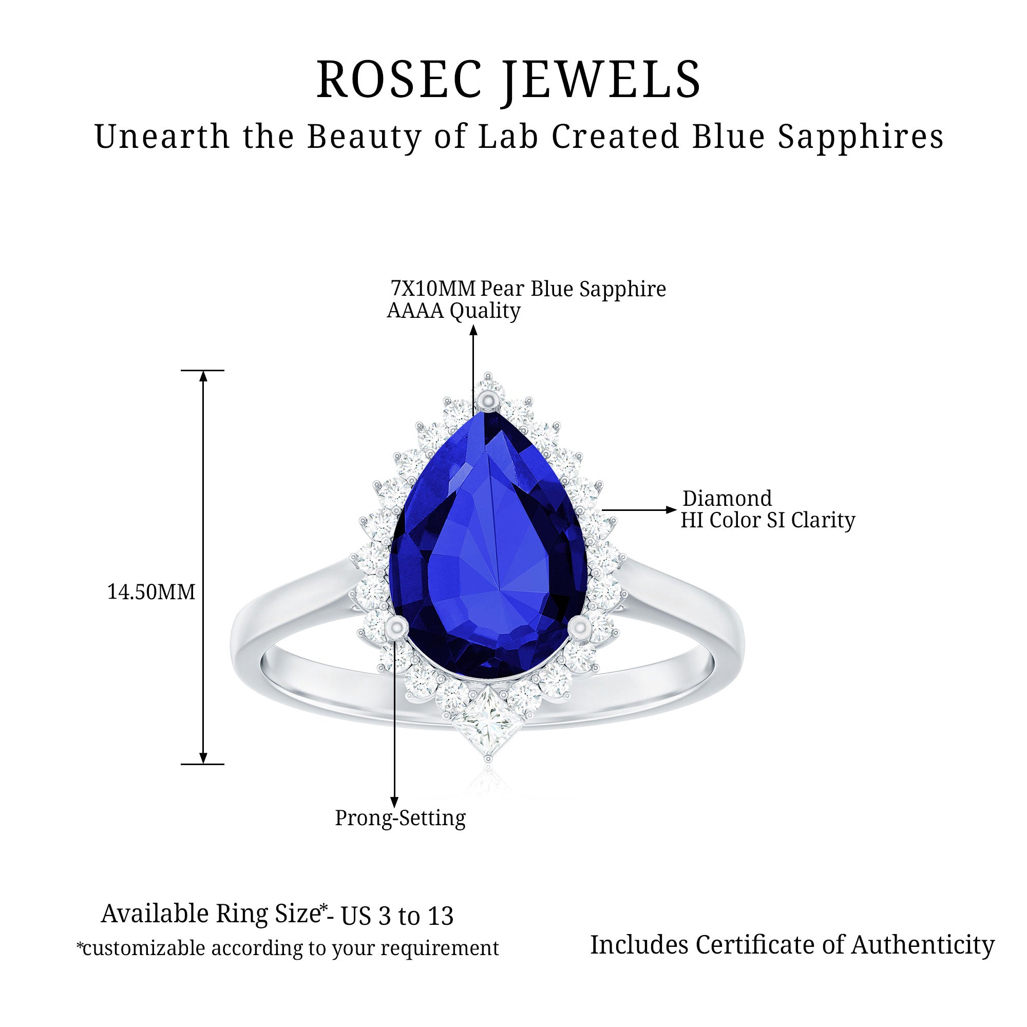 Pear Created Blue Sapphire Cocktail Halo Ring with Diamond Lab Created Blue Sapphire - ( AAAA ) - Quality - Rosec Jewels