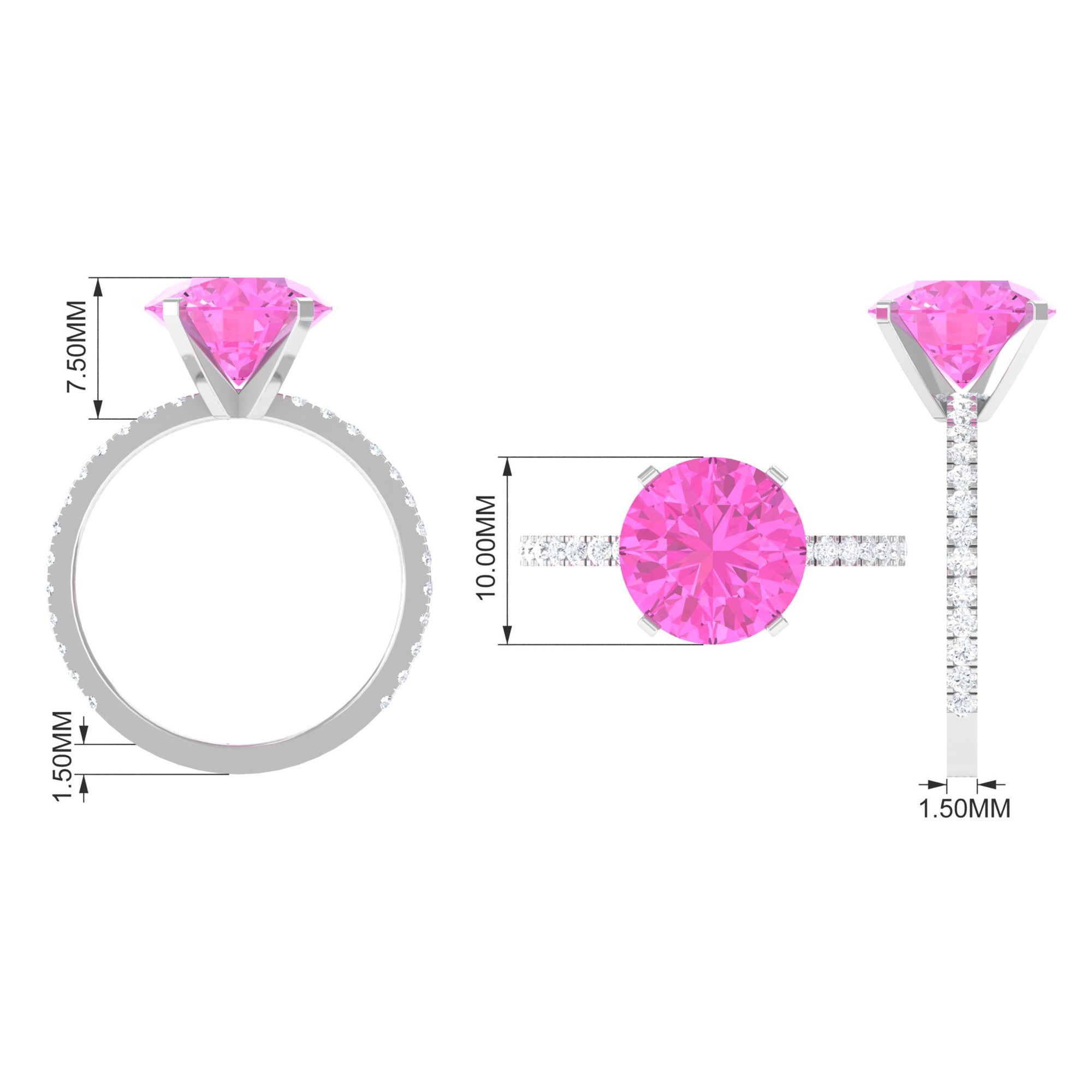 Round Created Pink Sapphire Solitaire Engagement Ring with Diamond Lab Created Pink Sapphire - ( AAAA ) - Quality - Rosec Jewels