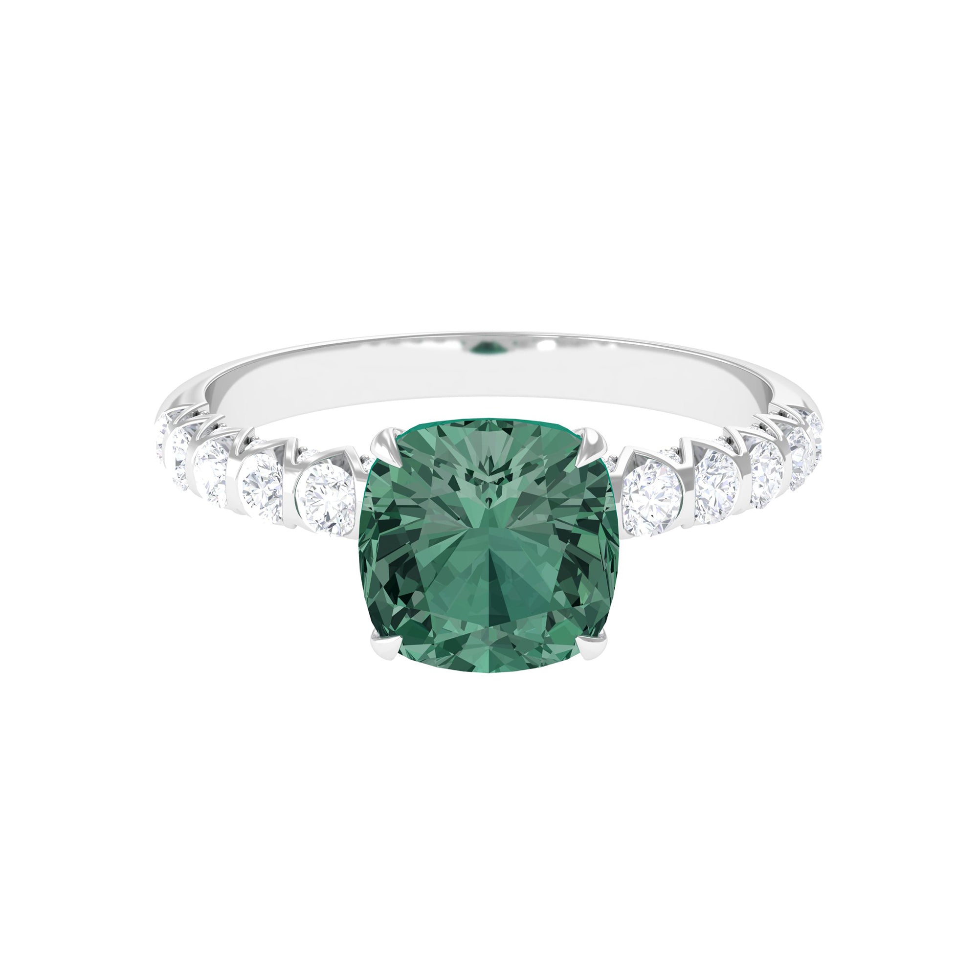 Cushion Cut Created Green Sapphire Engagement Ring with Moissanite Lab Created Green Sapphire - ( AAAA ) - Quality - Rosec Jewels