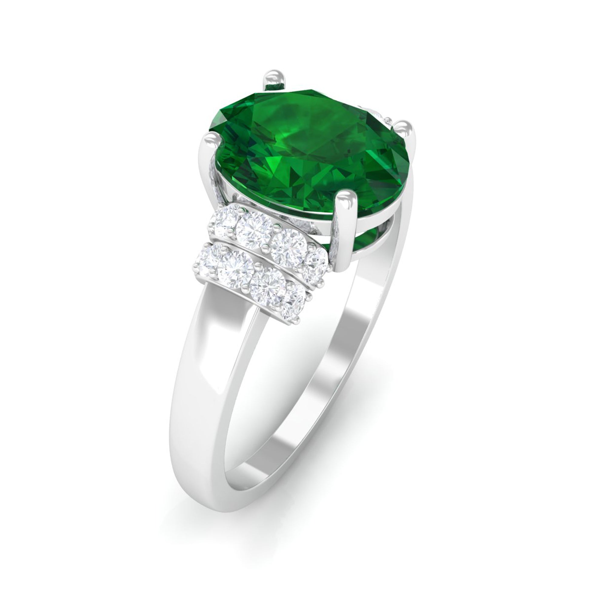 Oval Created Emerald Engagement Ring with Diamond Collar Lab Created Emerald - ( AAAA ) - Quality - Rosec Jewels