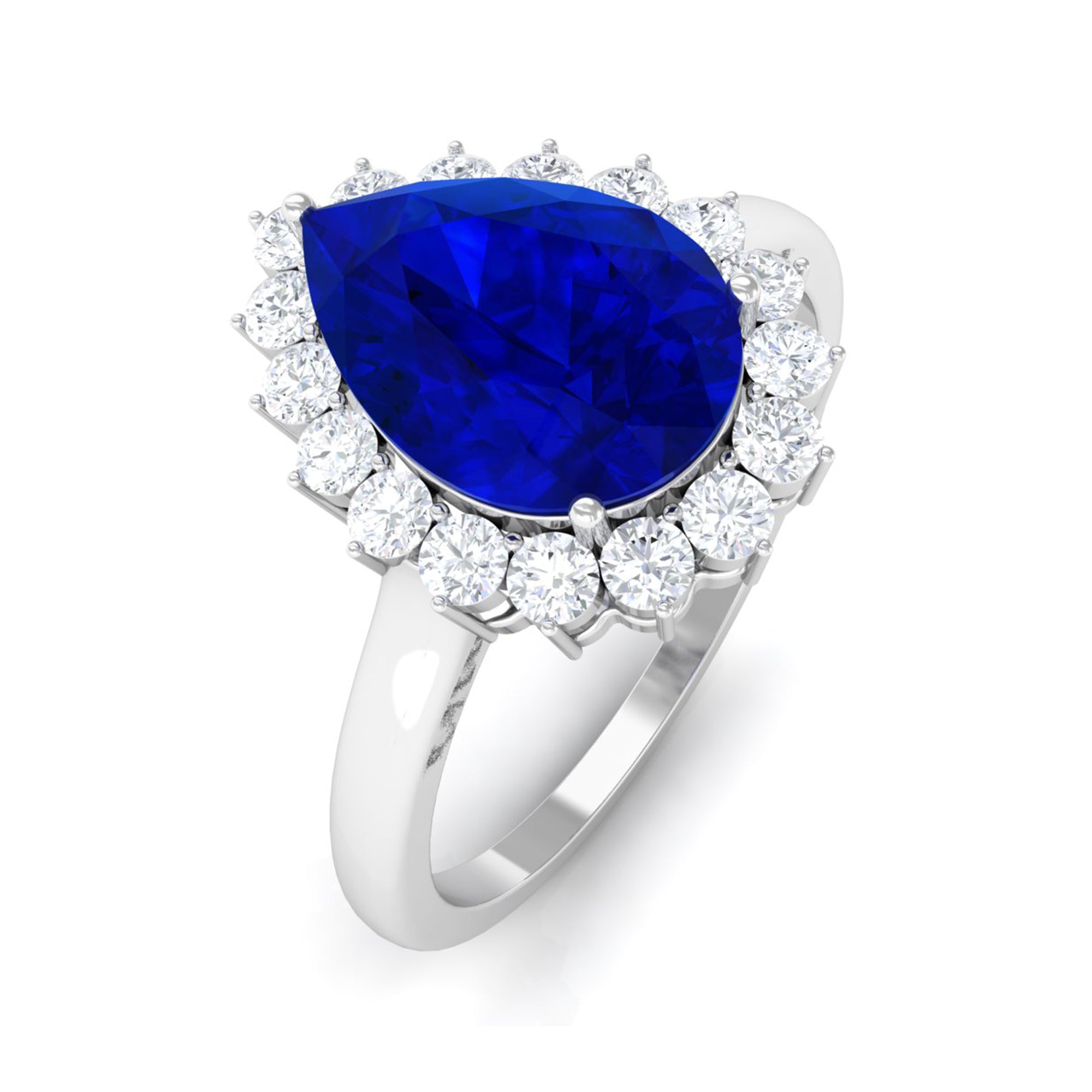 Created Blue Sapphire and Diamond Halo Teardrop Ring Lab Created Blue Sapphire - ( AAAA ) - Quality - Rosec Jewels