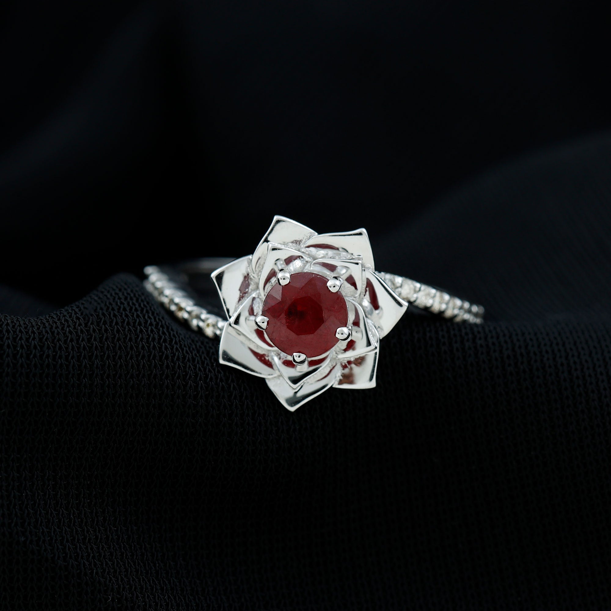 Round Ruby and Diamond Floral Engagement Ring with Bypass Shank Ruby - ( AAA ) - Quality - Rosec Jewels