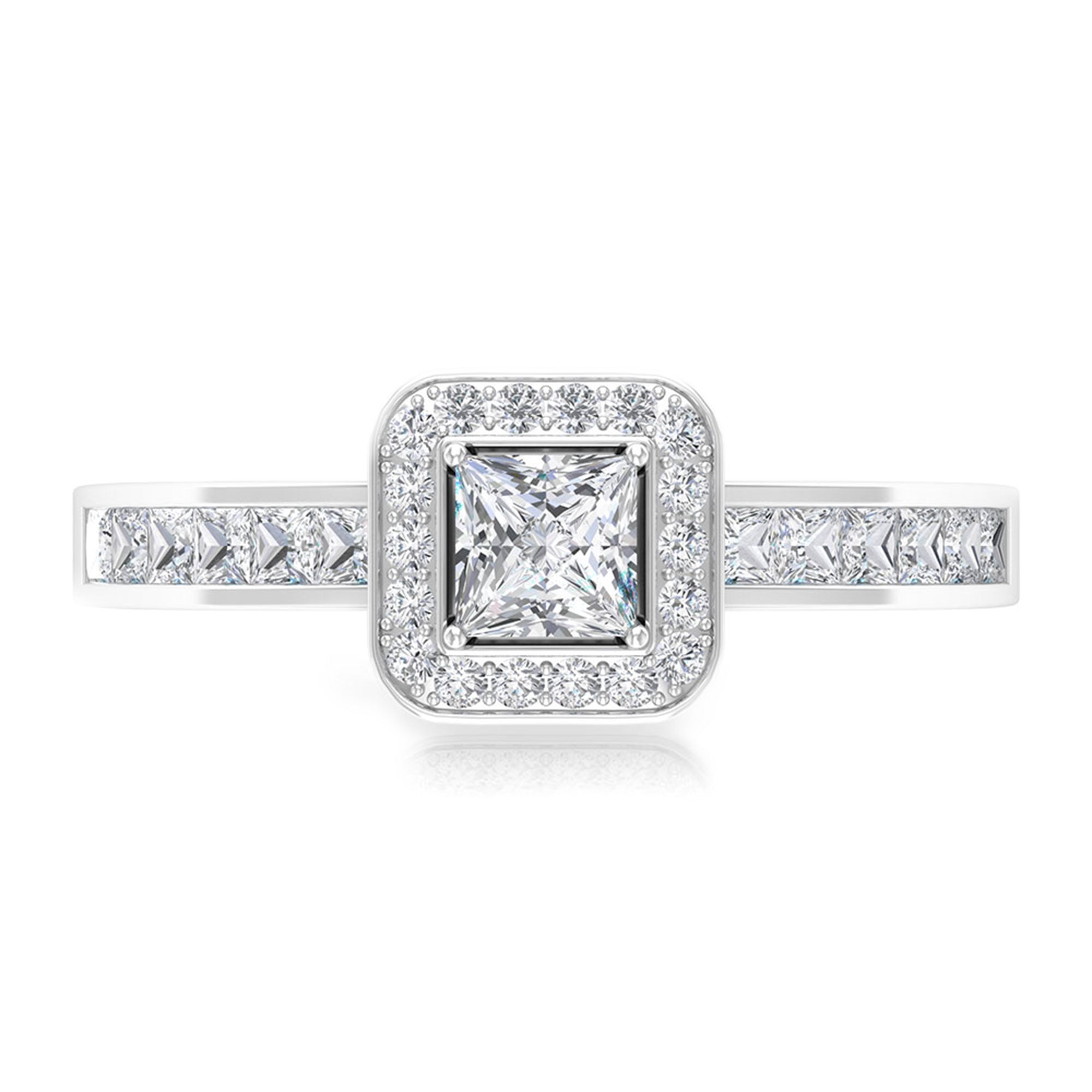 1.25 Ct Halo Solitaire Ring with Princess Cut Diamond Side Stone Diamond - ( HI-SI ) - Color and Clarity - Rosec Jewels