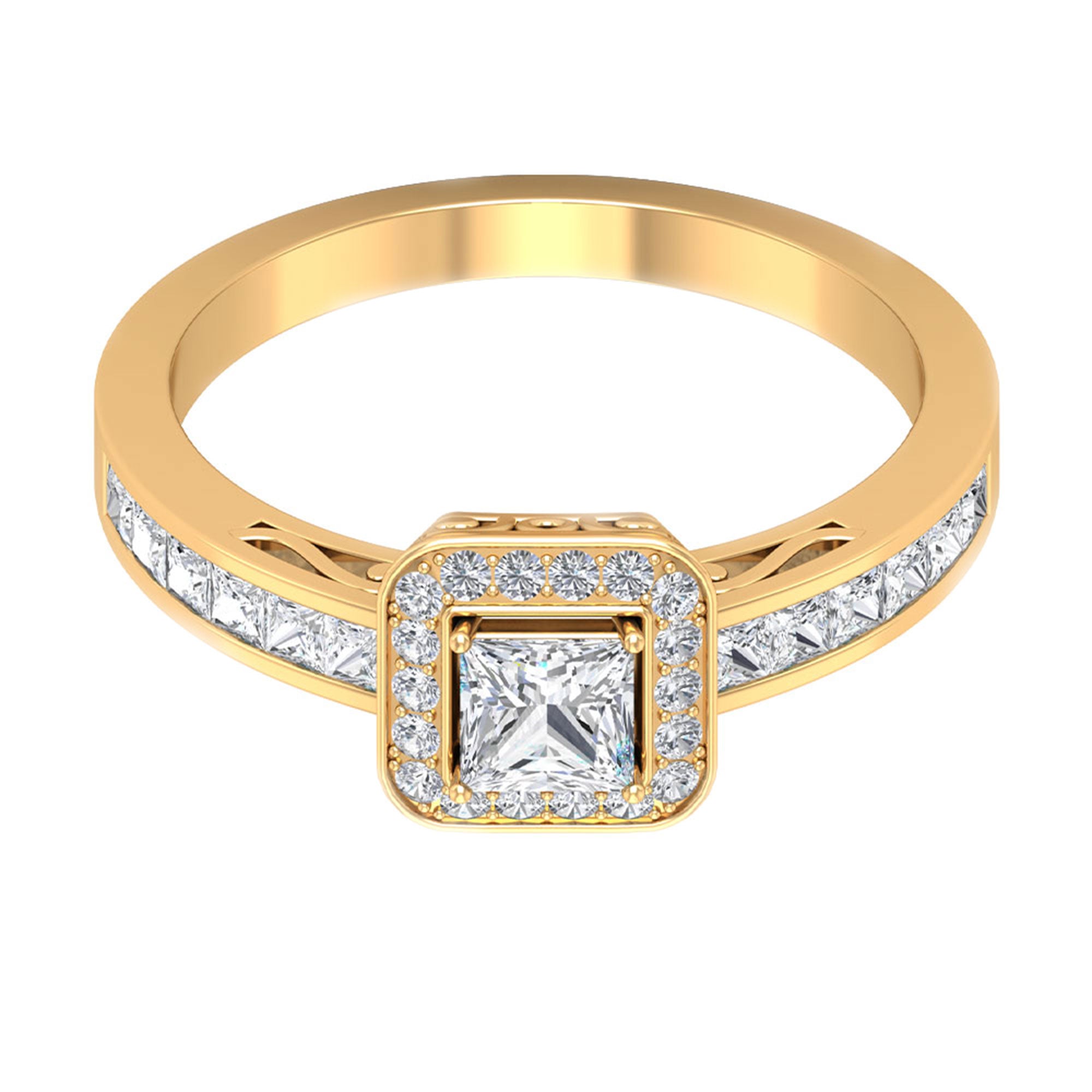 1.25 Ct Halo Solitaire Ring with Princess Cut Diamond Side Stone Diamond - ( HI-SI ) - Color and Clarity - Rosec Jewels