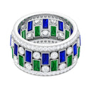 Lab Grown Emerald And Blue Sapphire Wide Wedding Band With Moissanite Lab Created Blue Sapphire - ( AAAA ) - Quality - Rosec Jewels