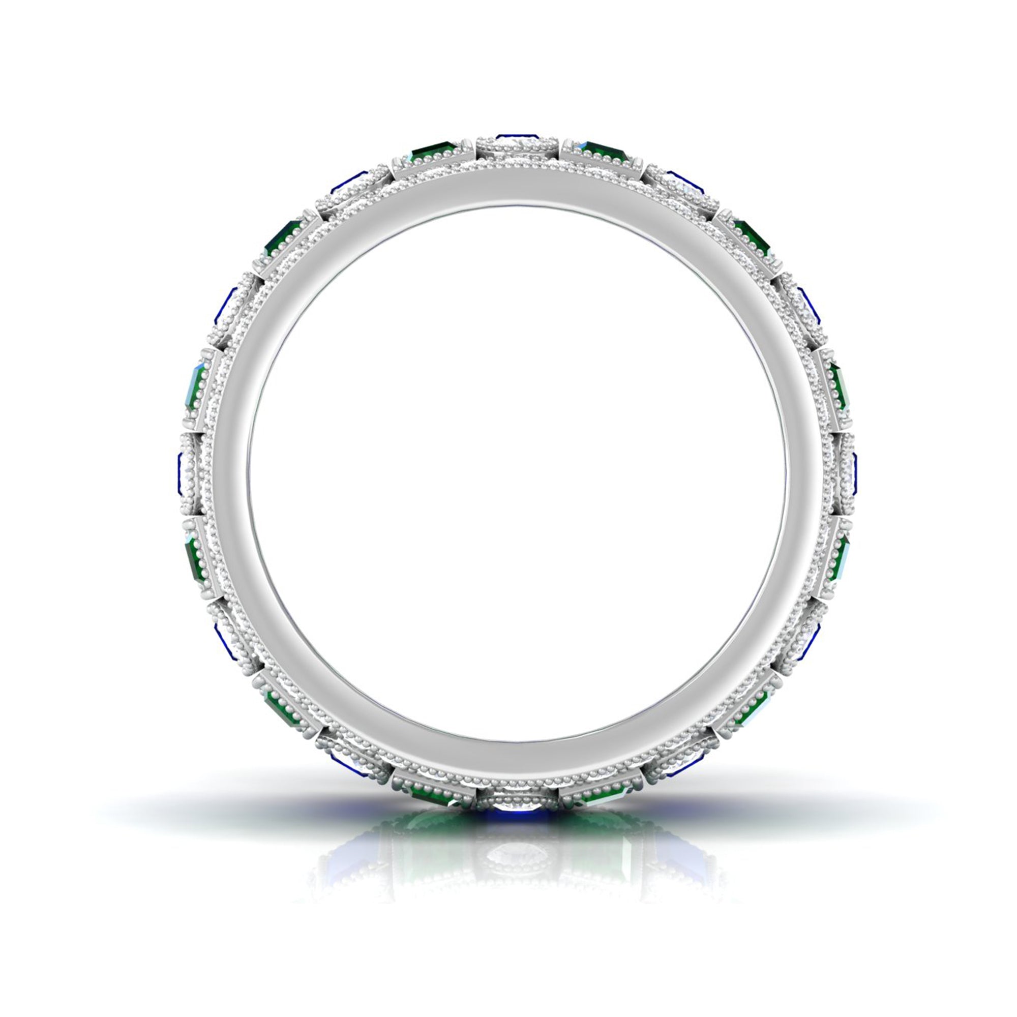 Lab Grown Emerald And Blue Sapphire Wide Wedding Band With Moissanite Lab Created Blue Sapphire - ( AAAA ) - Quality - Rosec Jewels