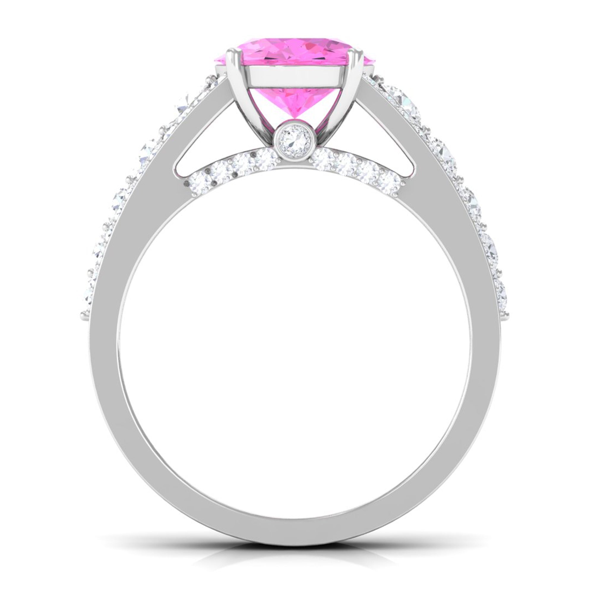 Created Pink Sapphire Engagement Ring with Moissanite Side Stones Lab Created Pink Sapphire - ( AAAA ) - Quality - Rosec Jewels