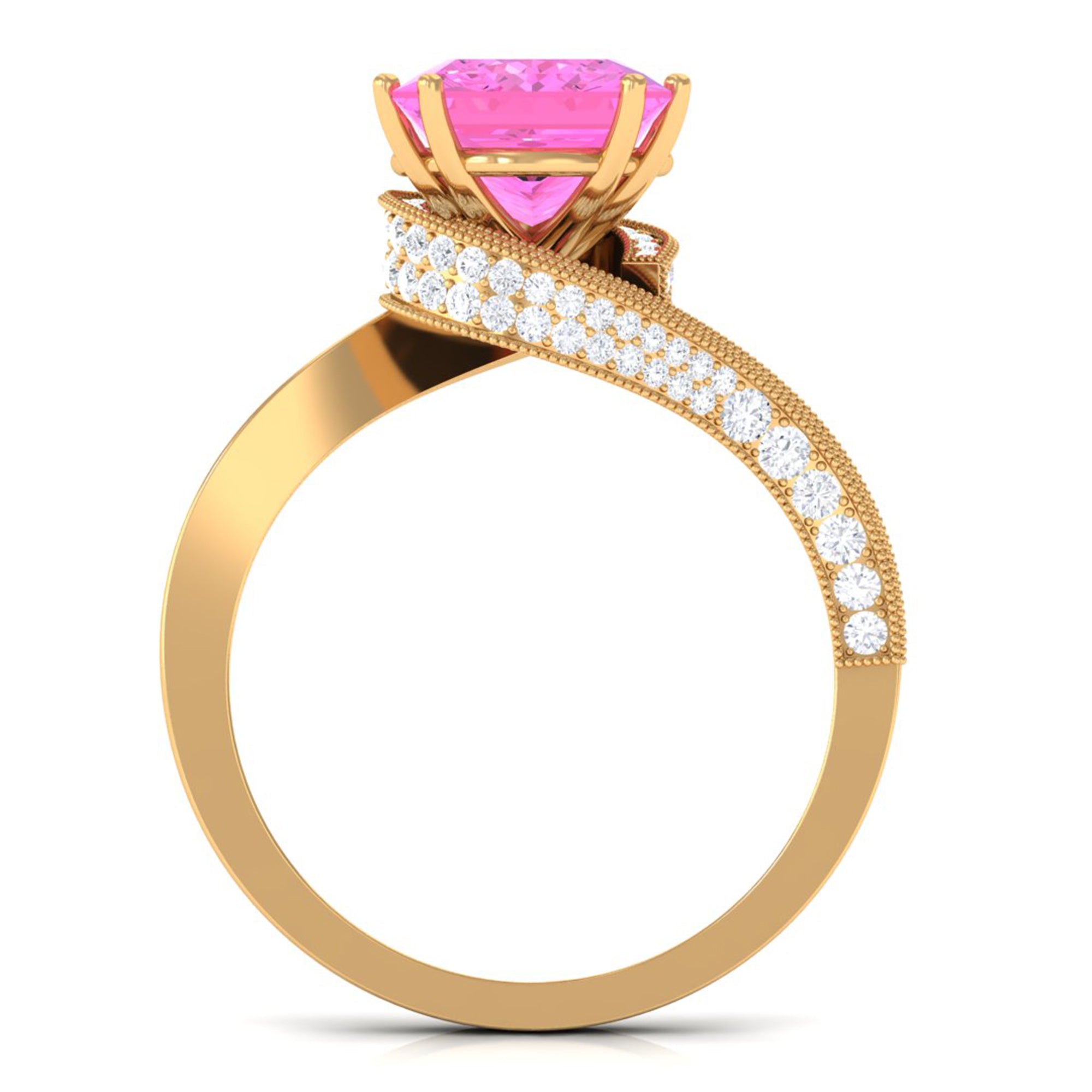 Created Pink Sapphire Solitaire Bypass Engagement Ring with Diamond Lab Created Pink Sapphire - ( AAAA ) - Quality - Rosec Jewels