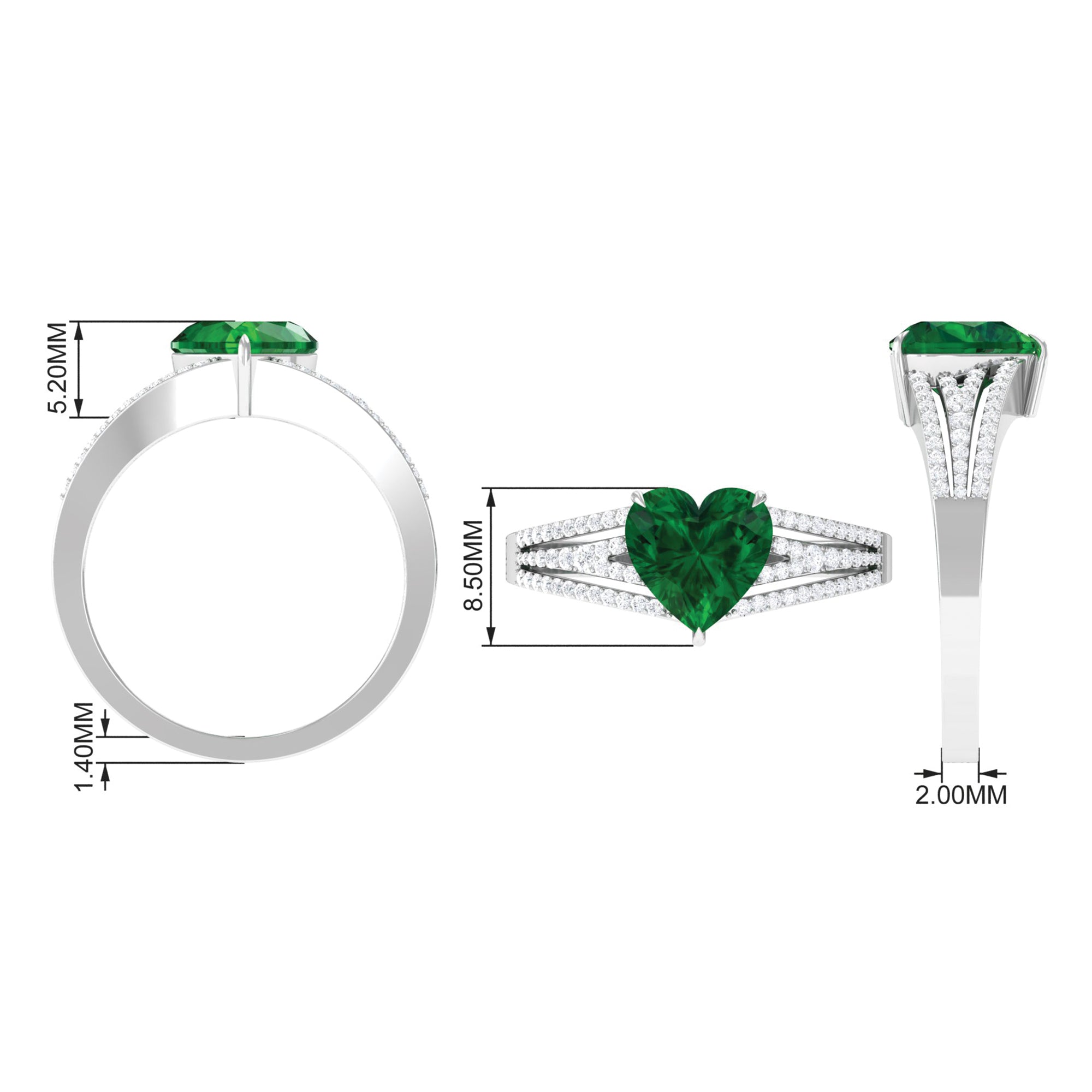 Created Emerald Heart Engagement Ring with Diamond Lab Created Emerald - ( AAAA ) - Quality - Rosec Jewels