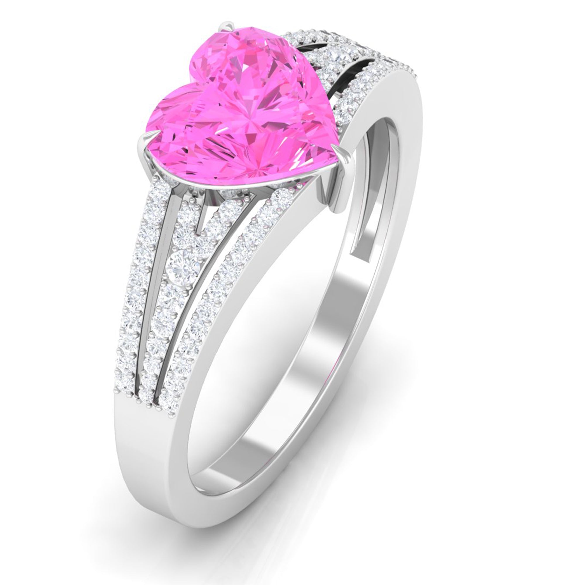 Created Pink Sapphire Heart Engagement Ring with Diamond Lab Created Pink Sapphire - ( AAAA ) - Quality - Rosec Jewels