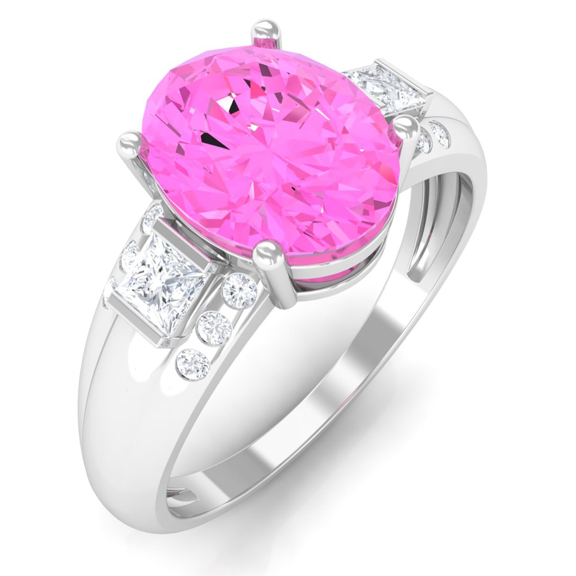 Lab Grown Pink Sapphire Oval Solitaire Engagement Ring with Diamond Lab Created Pink Sapphire - ( AAAA ) - Quality - Rosec Jewels