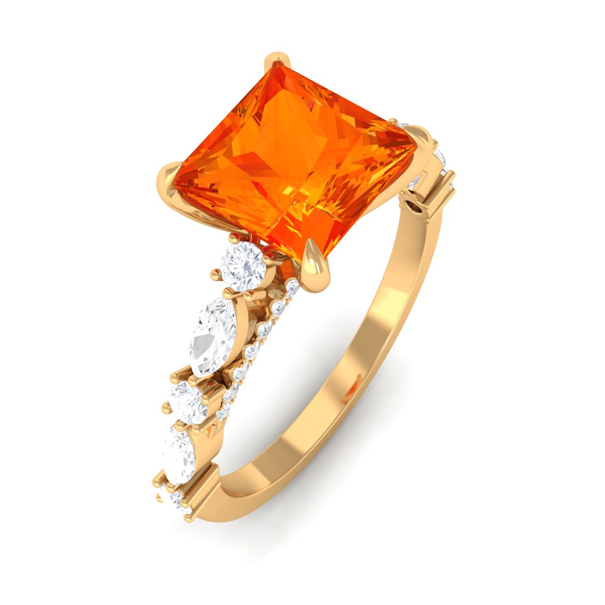 Princess Cut Lab Grown Orange Sapphire Engagement Ring with Moissanite Lab Created Orange Sapphire - ( AAAA ) - Quality - Rosec Jewels