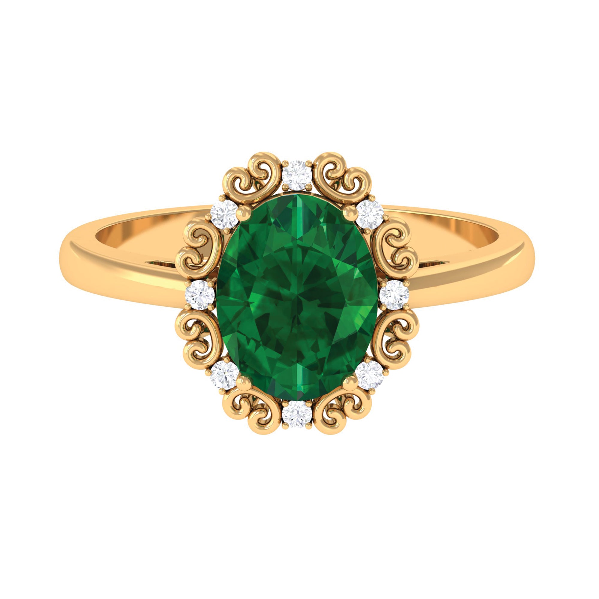 Lab Grown Emerald Vintage Style Engagement Ring with Diamond Lab Created Emerald - ( AAAA ) - Quality - Rosec Jewels