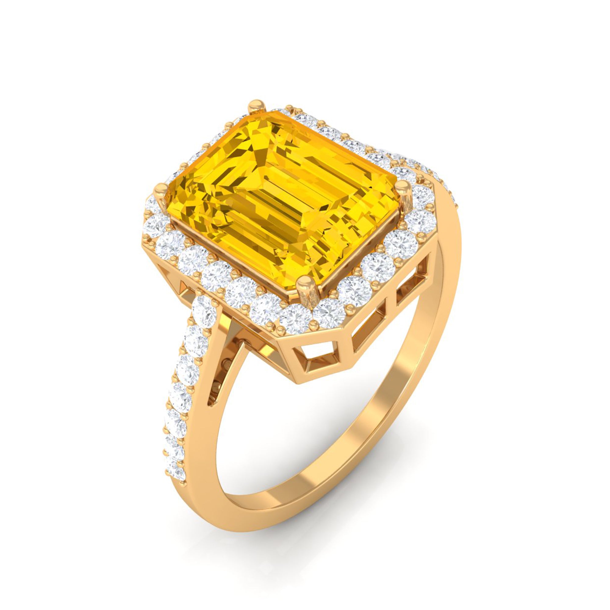 Lab Grown Yellow Sapphire Emerald Cut Engagement Ring with Diamond Lab Created Yellow Sapphire - ( AAAA ) - Quality - Rosec Jewels