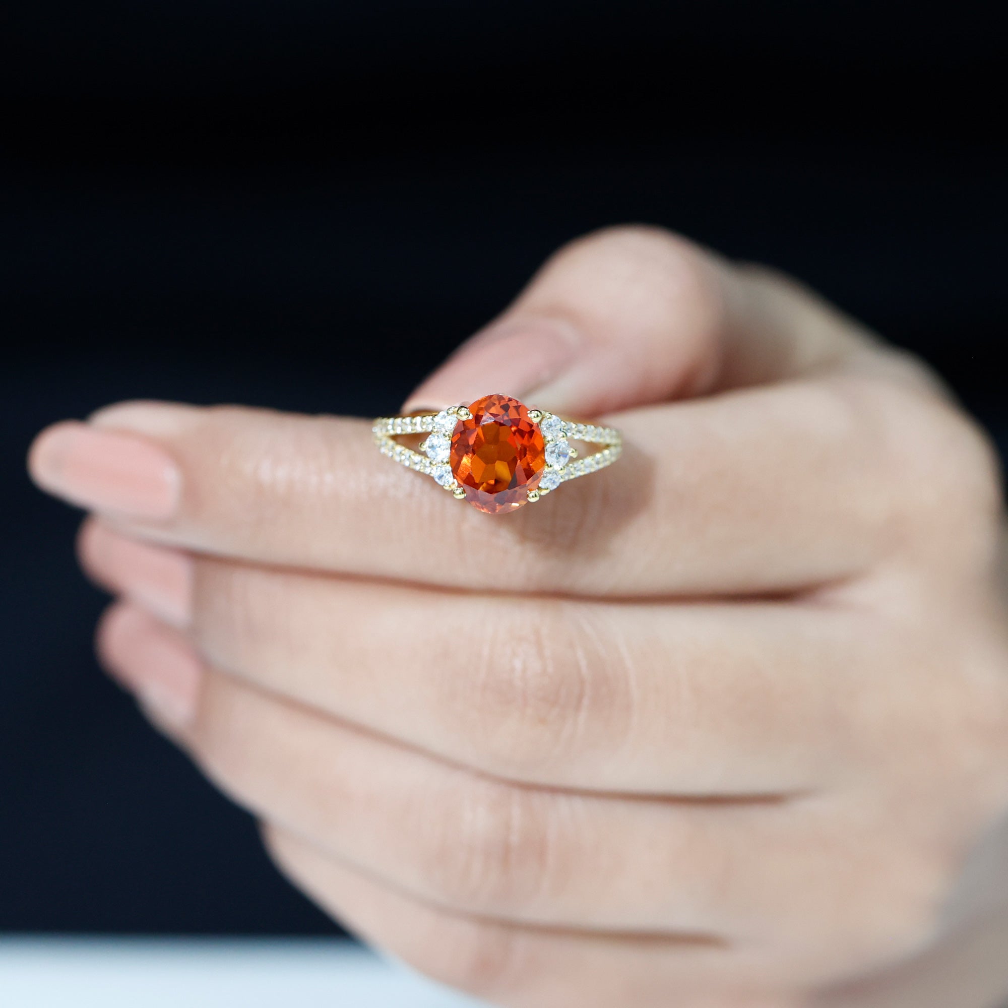 Classic Lab Created Orange Sapphire Oval Engagement Ring With Moissanite Lab Created Orange Sapphire - ( AAAA ) - Quality - Rosec Jewels