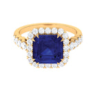 Created Blue Sapphire and Diamond Halo Engagement Ring Lab Created Blue Sapphire - ( AAAA ) - Quality - Rosec Jewels